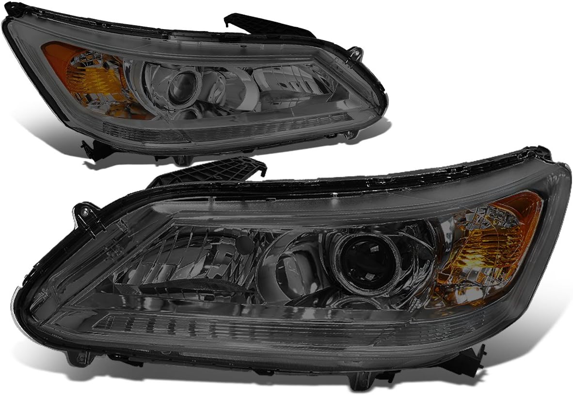 DNA MOTORING Pair Projector Headlight Assembly Compatible with 13-15 Honda Accord 4-Door, Smoke/Amber, HL-OH-HA13-SM-AM