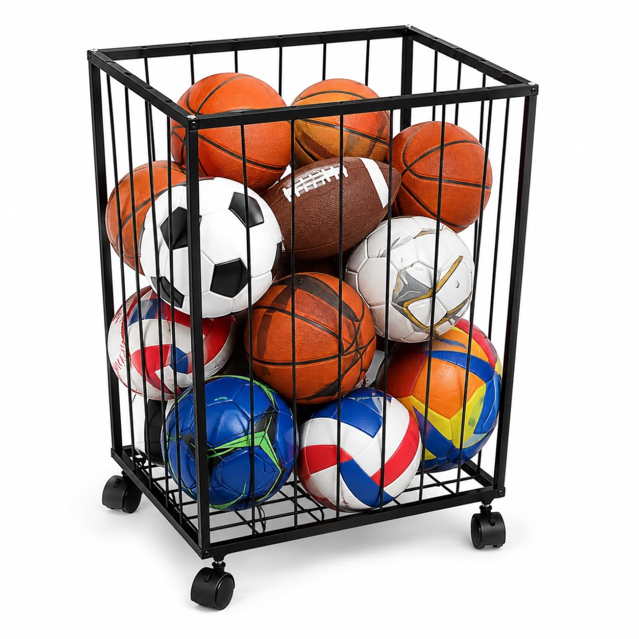 ecofynd Sports Ball Storage Rack with 360° Rotating Wheels, Multipurpose Metal Rolling Cart for Football, Basketball & Volleyball Storage, Indoor & Outdoor Use for Home, Gym & Play Area (SPR001-BLK)-image-22