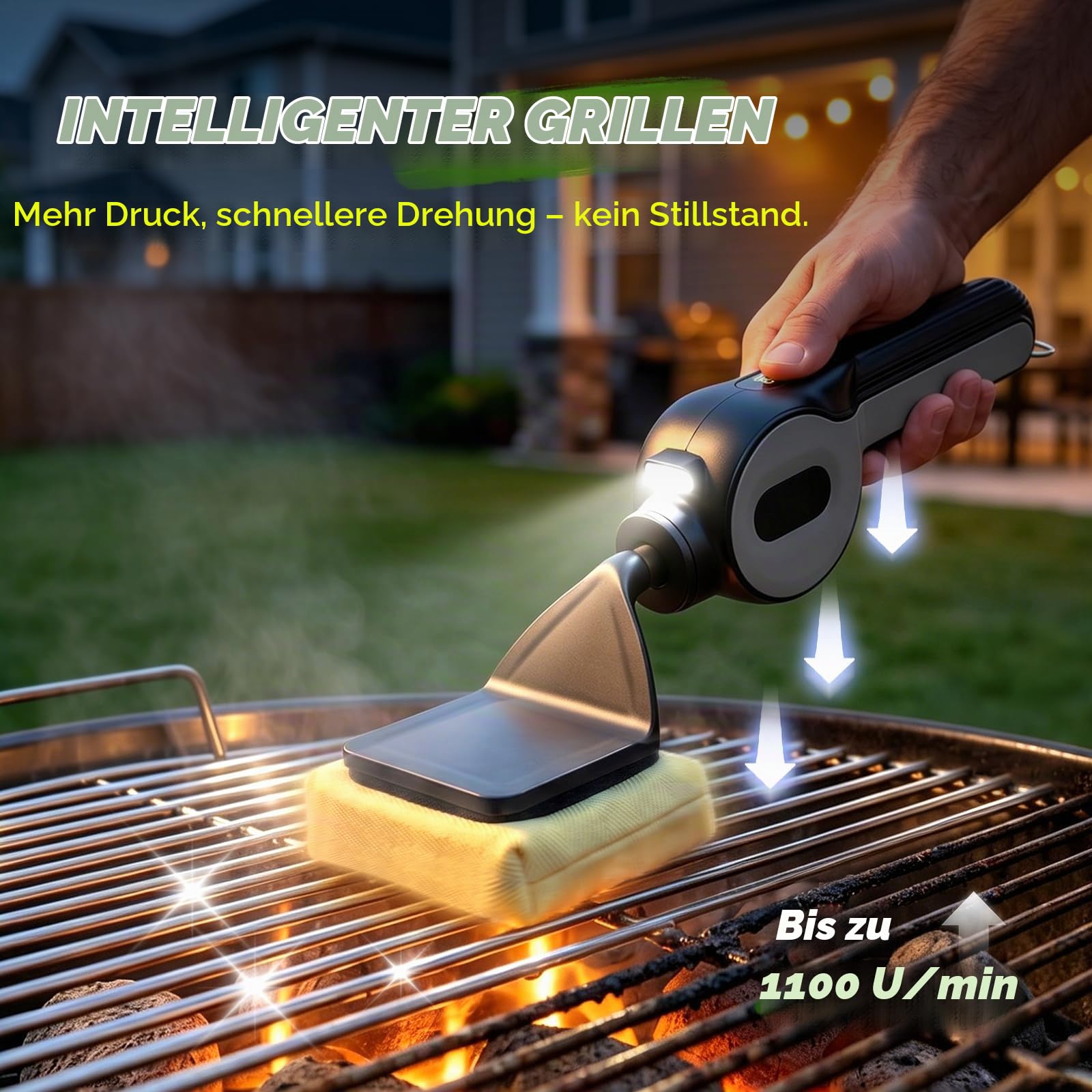 Elektrische Grillbürste, 6 in 1 Grillbürste Borstenfrei, Elektrische Grill Reinigungsbürste mit Druckempfindlichem Motor 1100U/min, LCD-Display, LED-Licht, Wasserdicht BBQ Grill Bürste für Grillroste