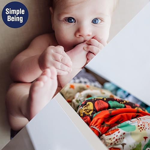 Miniatura 7 de Simple Being Pañales de tela reutilizables, doble refuerzo, talla única, lavables, suaves, absorbentes, impermeables, ecológicas, unisex, para bebé,