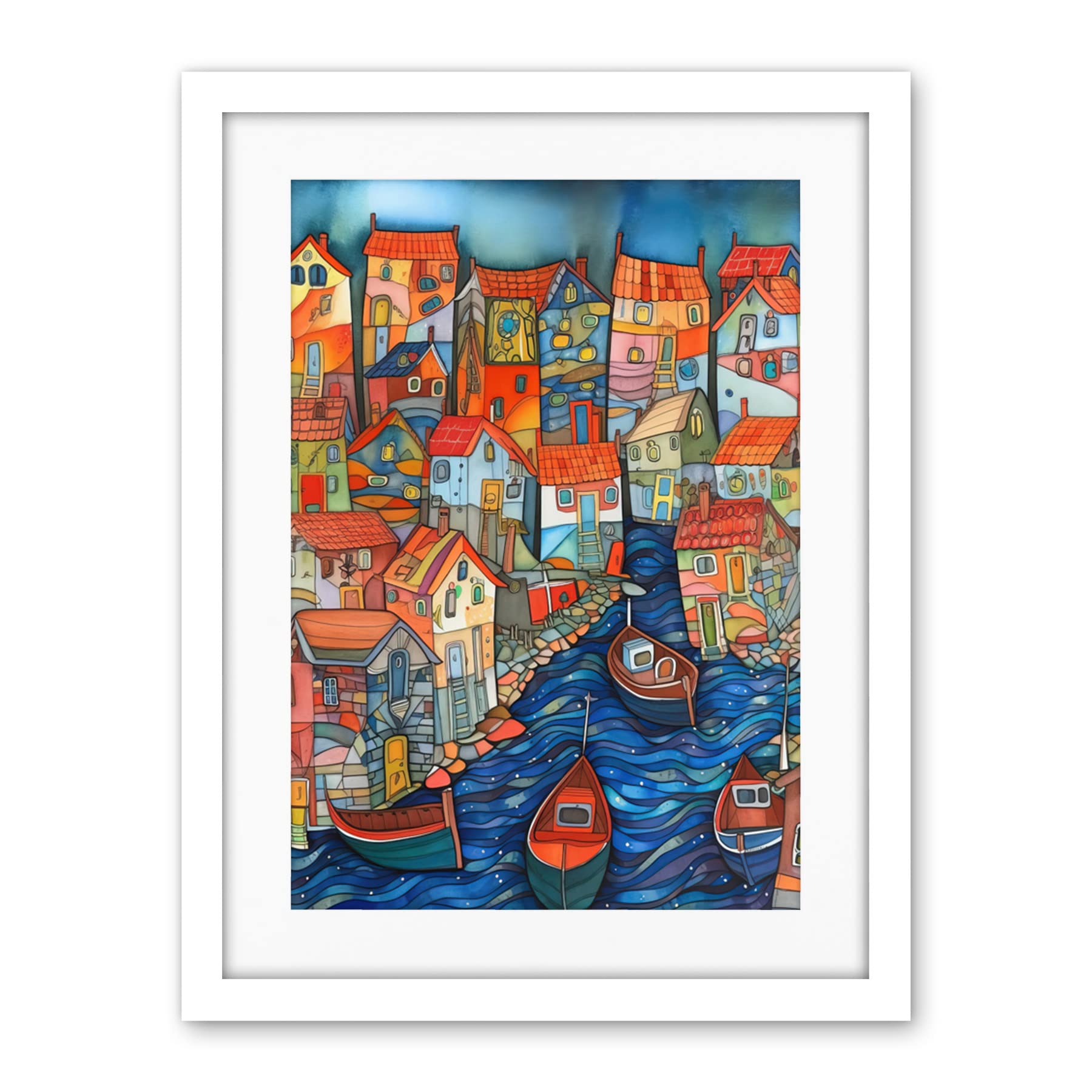 Artery8 Fishing Village Canal Folk Art Watercolour Painting Artwork Framed Wall Art Print 18X24 Inch