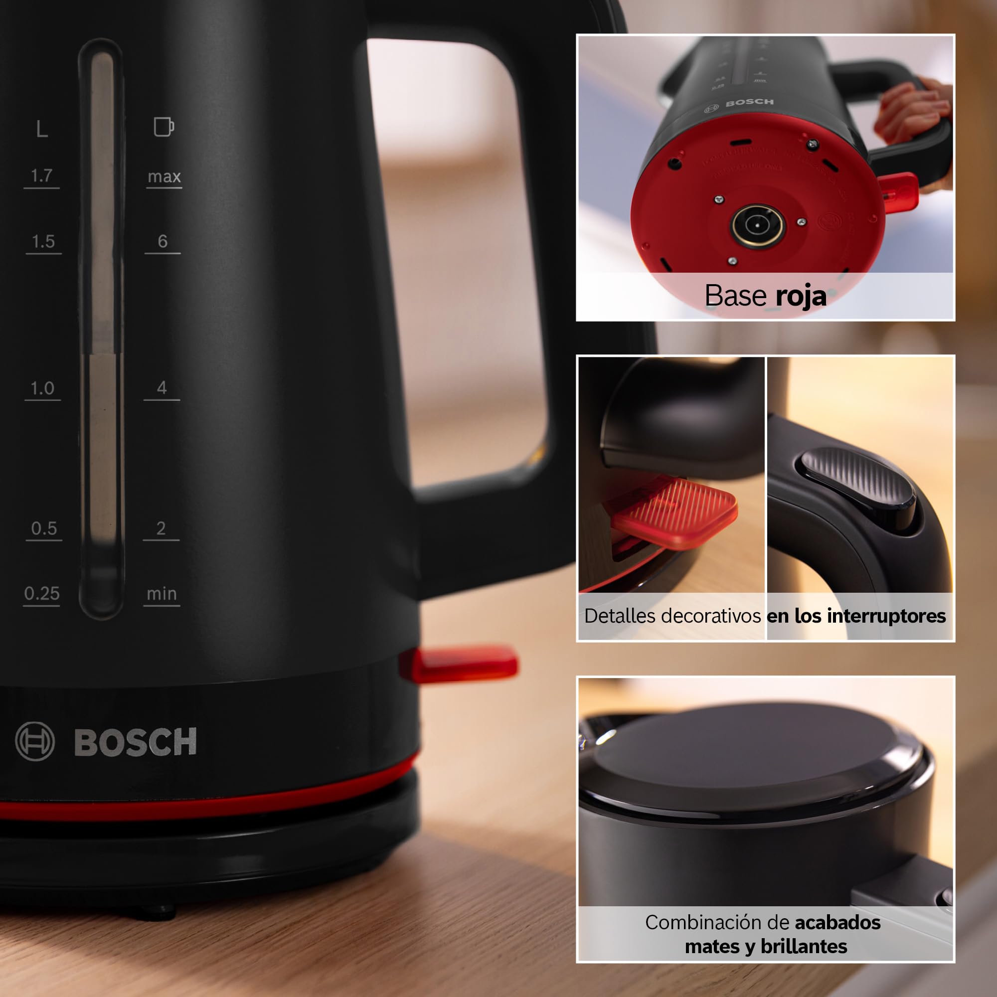 Bosch - Hervidor eléctrico, MyMoment, manejo ergonómico, triple sistema de seguridad, filtro antical, capacidad de 1,7 l, negro, TWK3M123