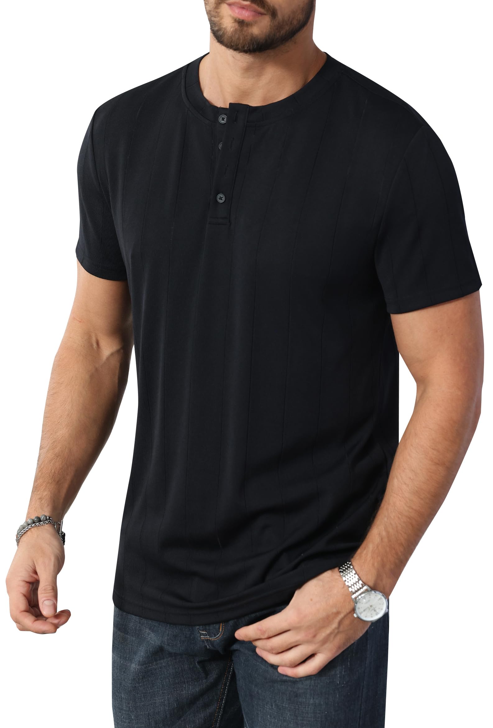 Photo 1 of Beotyshow Mens Henley Shirts Casual Loose 4 Buttons T-Shirt Cotton Summer Tops Large Black
