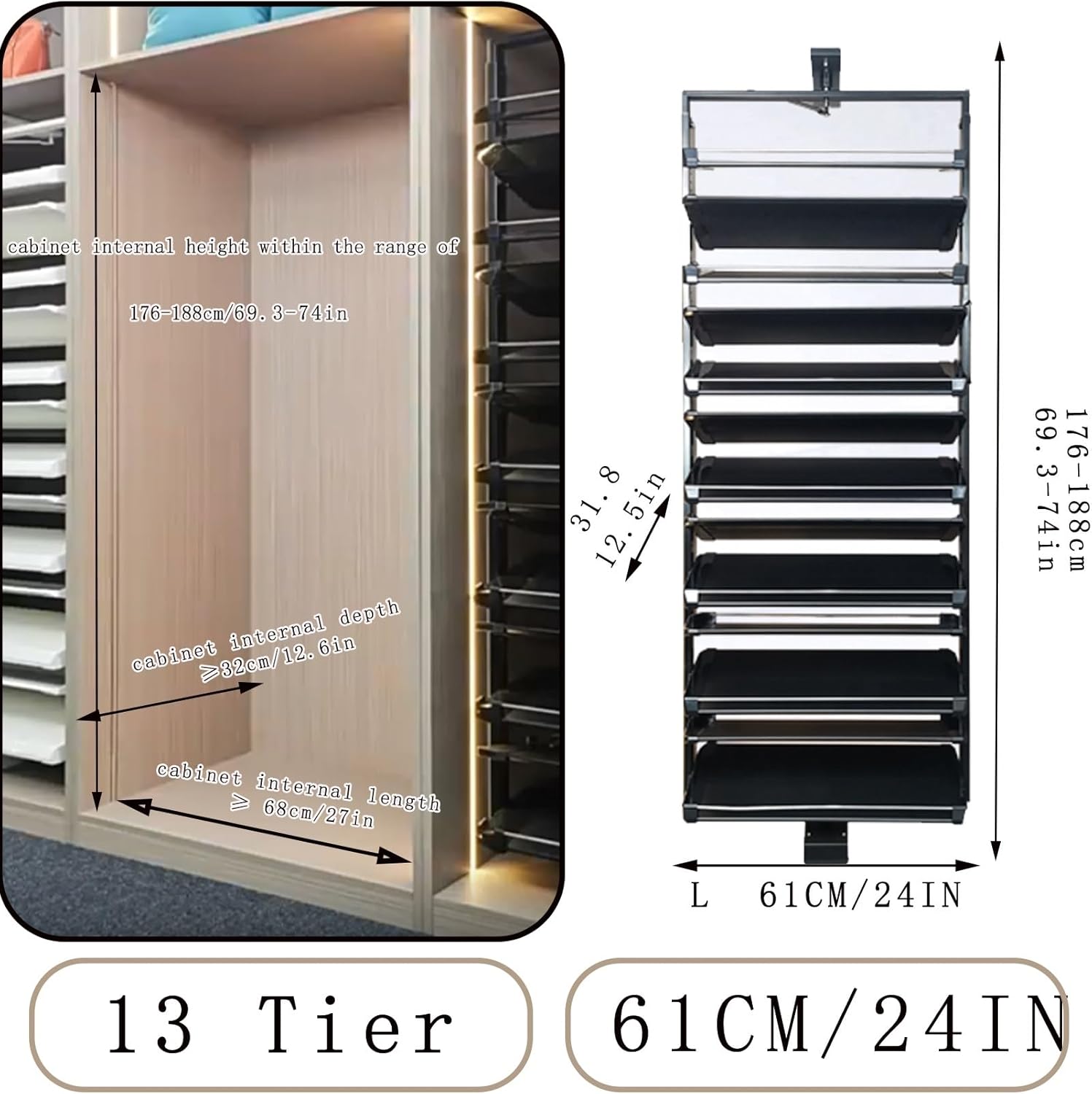 360° Spinning Shoe Rack Cabinet - Adjustable Height Pull-Out Organizer, 13-Tier Storage Shelf for Entryway - Modern White Design (61CM/24IN)