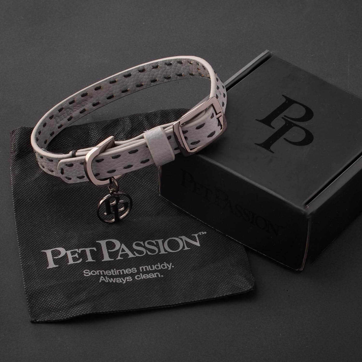 Pet Passion Rein - The Saddle Stitch Vegan Leather Collar Adjustable Brass Buckle Collars Made with Sustainable Materials for Small, Medium, Large Dogs, Gray, X-Small