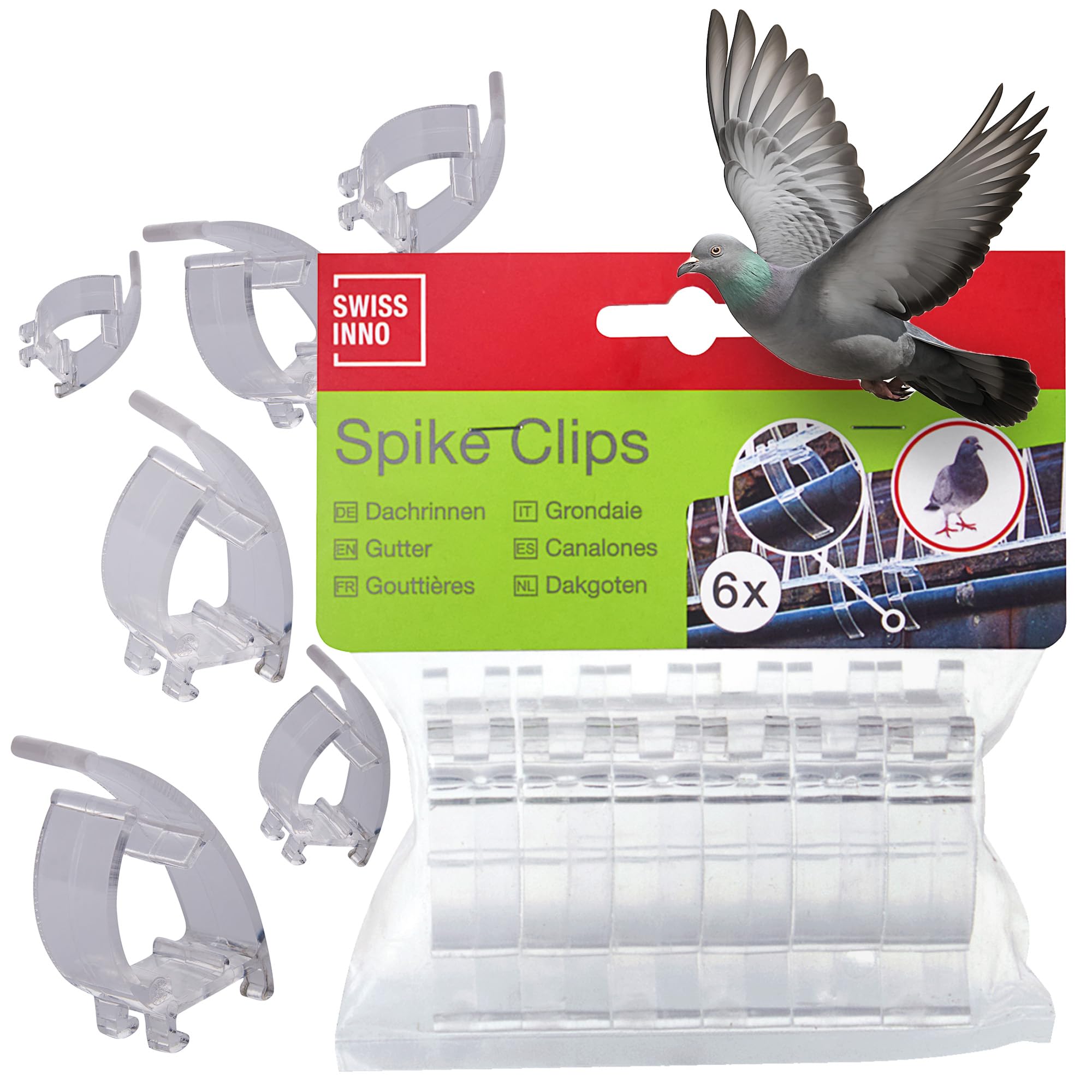SWISSINNO Gutter Clips for Bird Repellent Spikes – Set of 6 Mounting Clips – Secure Attachment of Bird Spikes to Roof Gutters and Edges – No Drilling Required – Reusable and Weatherproof - Transparent