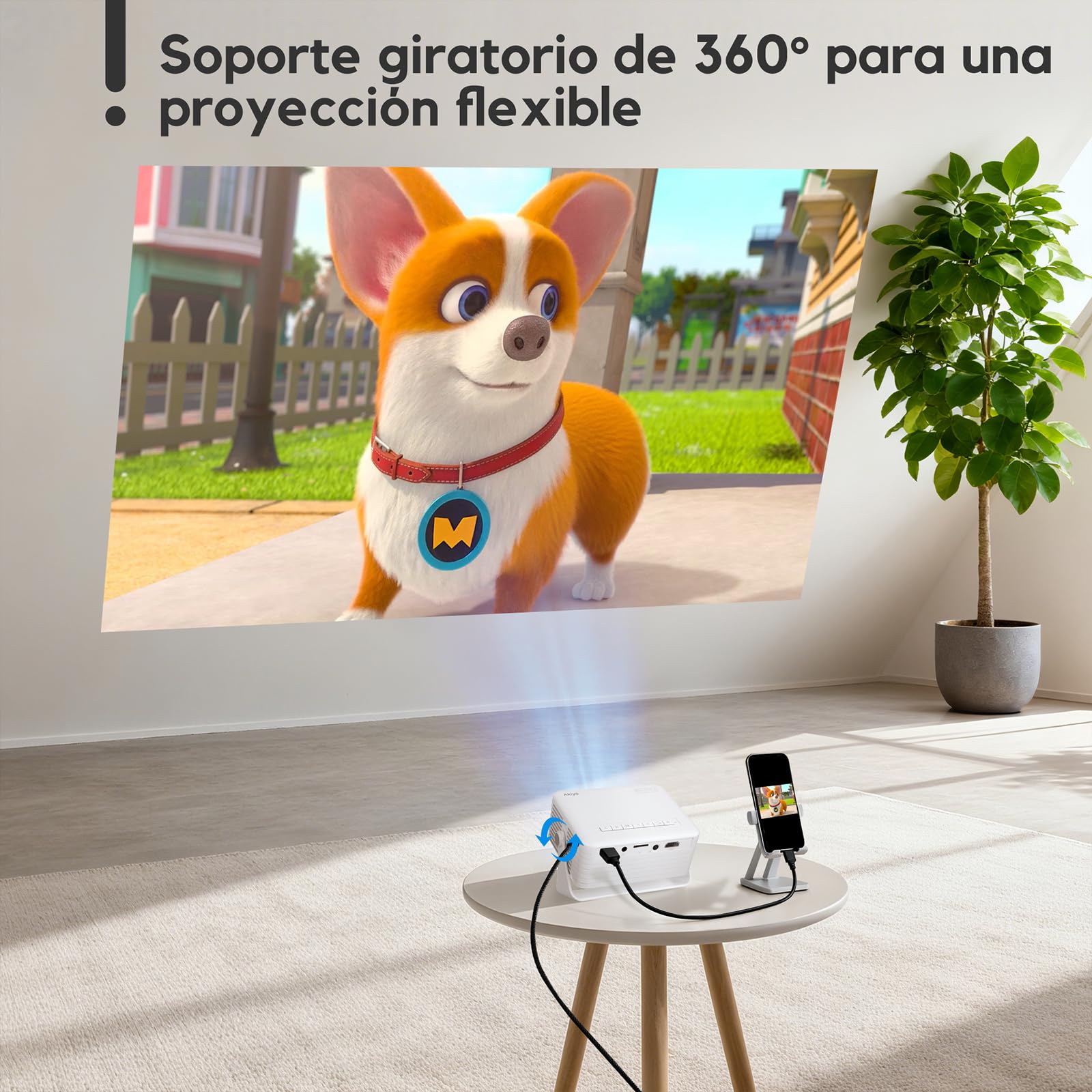 Mini Proyector Portátil [Auto Keystone & Rotación de 360° ] AKIYO O1 Proyector 2026 Upgraded 15000 Lumens 1080P Soporte, 50% Zoom, Projector Portable Compatible con Teléfonos/PC/PS5/TV Stick/HDMI