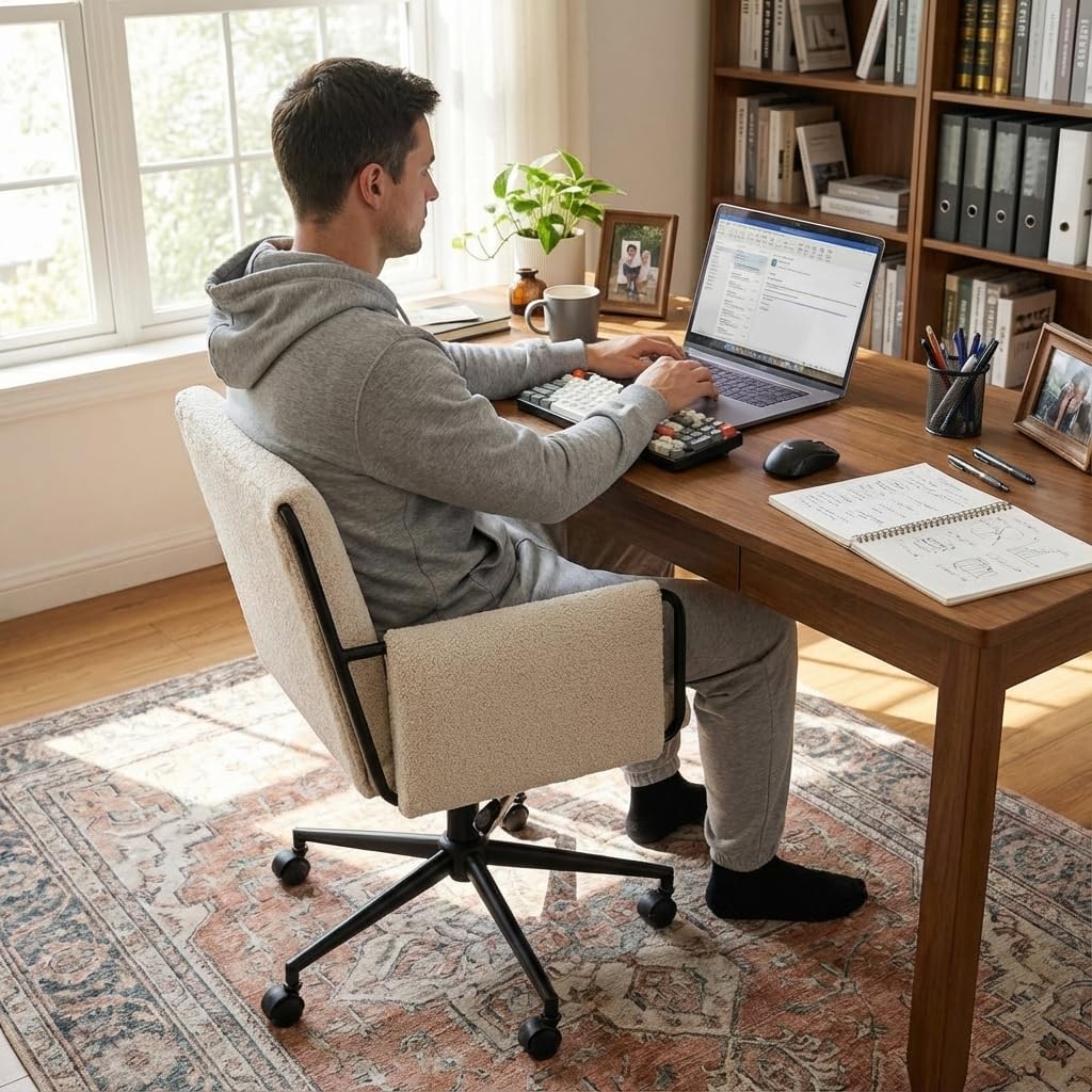 YOUNIKE Wide Seat Home Office Chair with Arms Modern Desk Chair with Wheels Fabric Vanity Chairs with Comfy Back Cross Legs Adjustable Swivel Rolling Computer Task Chair for Study Bedroom Makeup Beige
