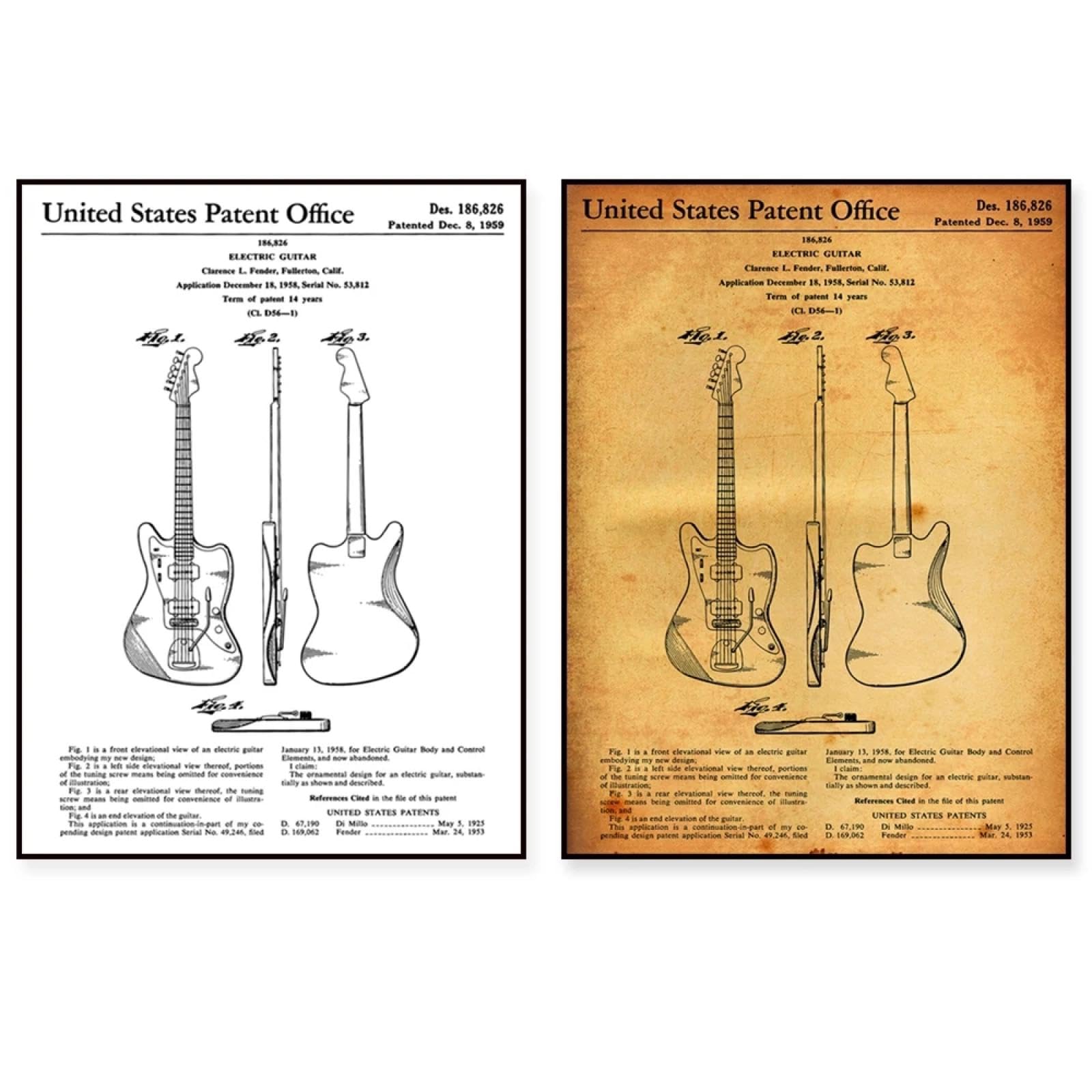 MAIMANG Bellissimo poster da parete con stampa di chitarra, modello di sala musicale, poster per decorazioni murali, 50x70 cm x 2 cornici