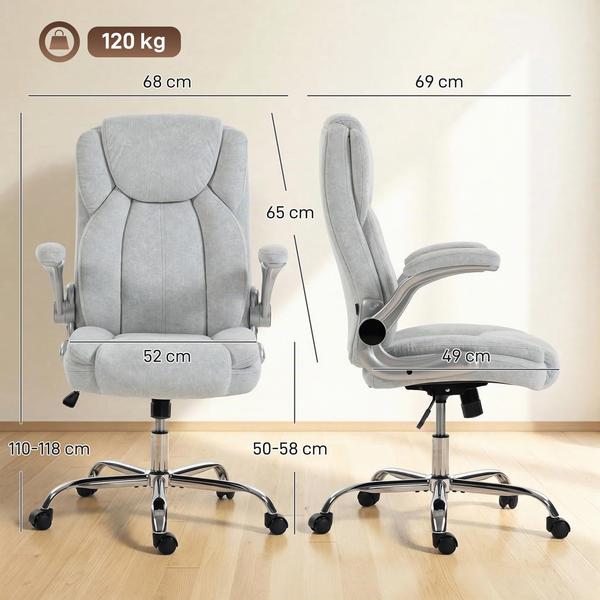 HOMCOM Sedia Ufficio Ergonomica con Braccioli Ribaltabili Imbottiti Crema | Sedia Scrivania Imbottita Girevole, Velluto Stampato, Funzione Dondolo, Multi-Cuscino, Schienale Alto, Altezza Regolabile,