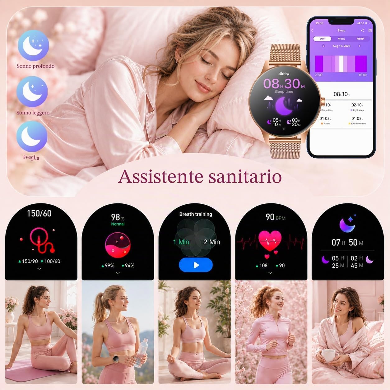 Smartwatch Donna Orologio Chiamate Bluetooth: 1,27" Tondo Touch Orologi Smart Watch da Impermeabile Sport Fitness Contapassi Cardiofrequenzimetro Pressione Caloriec Oro Polso per Android iOS Telefono