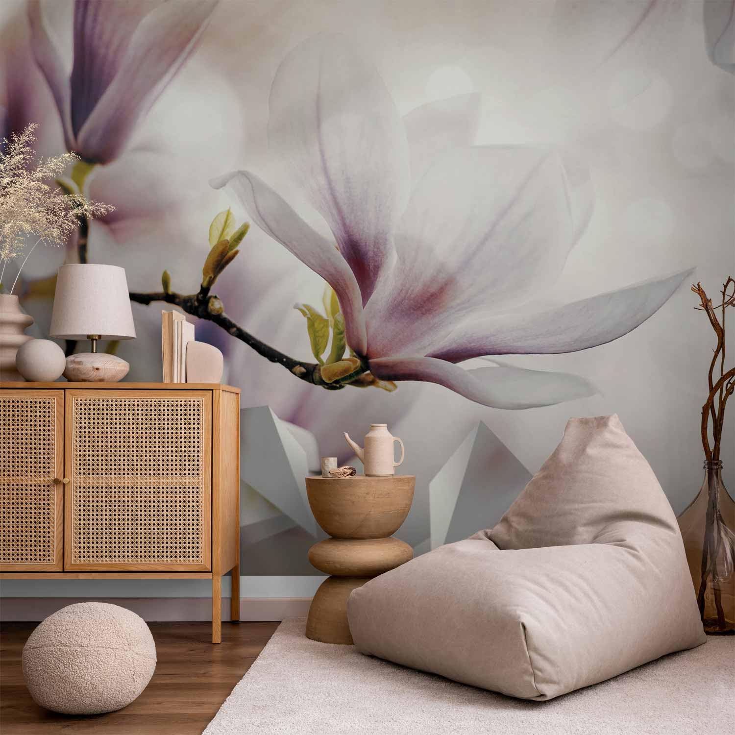 murando Fototapete selbstklebend Abstrakt 490x350cm - Foto Tapete Tapetenfolie Möbelfolie Wandverkleidung Wandtapete Motivtapeten Bildtapete Wohnzimmer 3d Effekt Modern Blumen Magnolien rosa weiß 3D