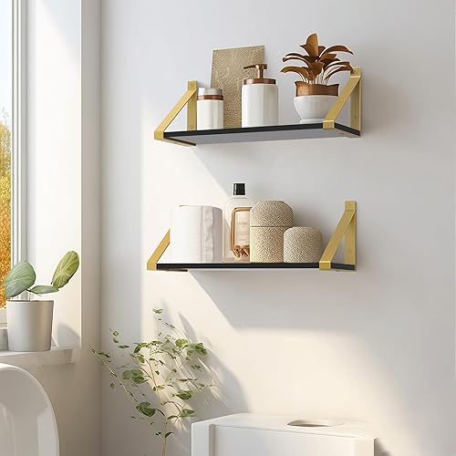 Miniatura 4 de Estantes flotantes dorados y negros montados en la pared, juego de 2, acrílico transparente de 8 mm, estantes de pared invisibles para dormitorio