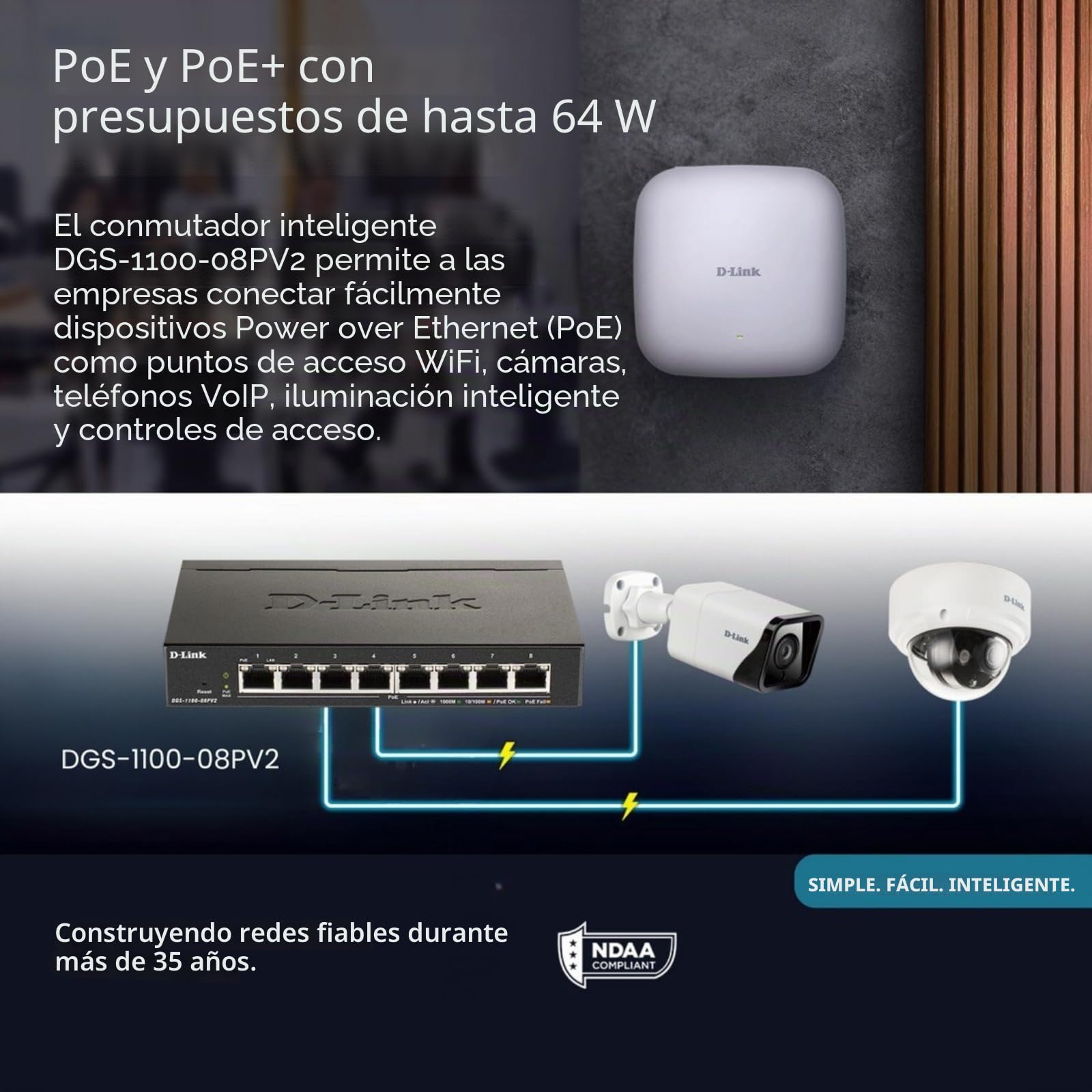 D-Link DGS-1100-08PV2, Switch Smart 8 Puertos Gigabit, PoE, Power Over Ethernet, Gestión Web, Layer 2, VLAN, sin Ventilador, IGMP Snooping, VoIP VLAN, QoS, Seguridad Red, sin Ventilador