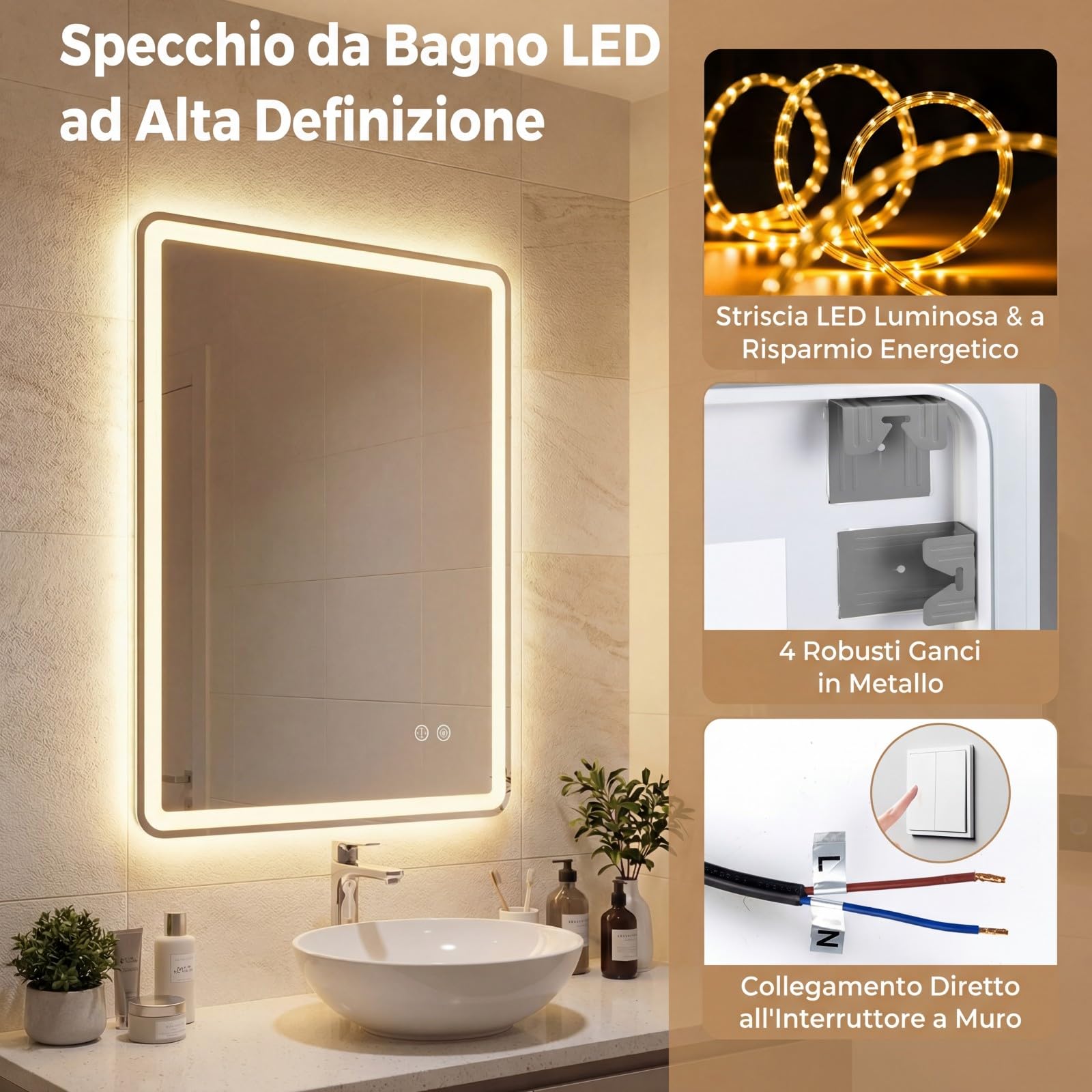 COSTWAY Specchio Bagno Rettangolare con Luce 80 x 60 cm | Speccho da Parete Retroilluminato Dimmerabile con 3 Colori di Illuminazione e Anti-Appannamento, Vetro Temperato Antiesplosio