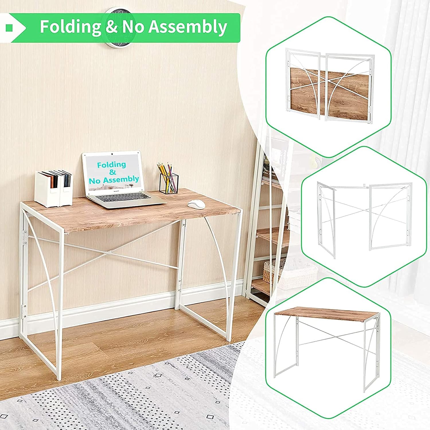 Folding Desk Computer Gaming Desk 40” No Assembly Laptop Desk Small Kids Writing Desk for Home Office Portable Wood Student Study PC Table Modern Space Saving School Work Desk for Bedroom, Oak White