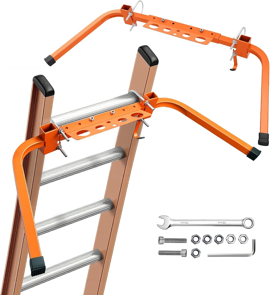 FIDISP Ladder Stabilizer with Tool Tray & Hook, Extension Ladder Stabilizer | Ladder Standoff with Non-Slip Rubber, Lock Nut Accessories, Ideal for Roof, Gutters, Windows