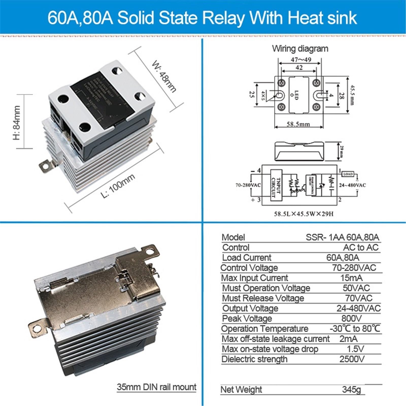 1 Uds AC a AC 10A 25A 40A 60A 80A 100A 120A SSR con disipador de calor relé de estado sólido relé Industrial montado en Riel DIN(AC-AC 60A)
