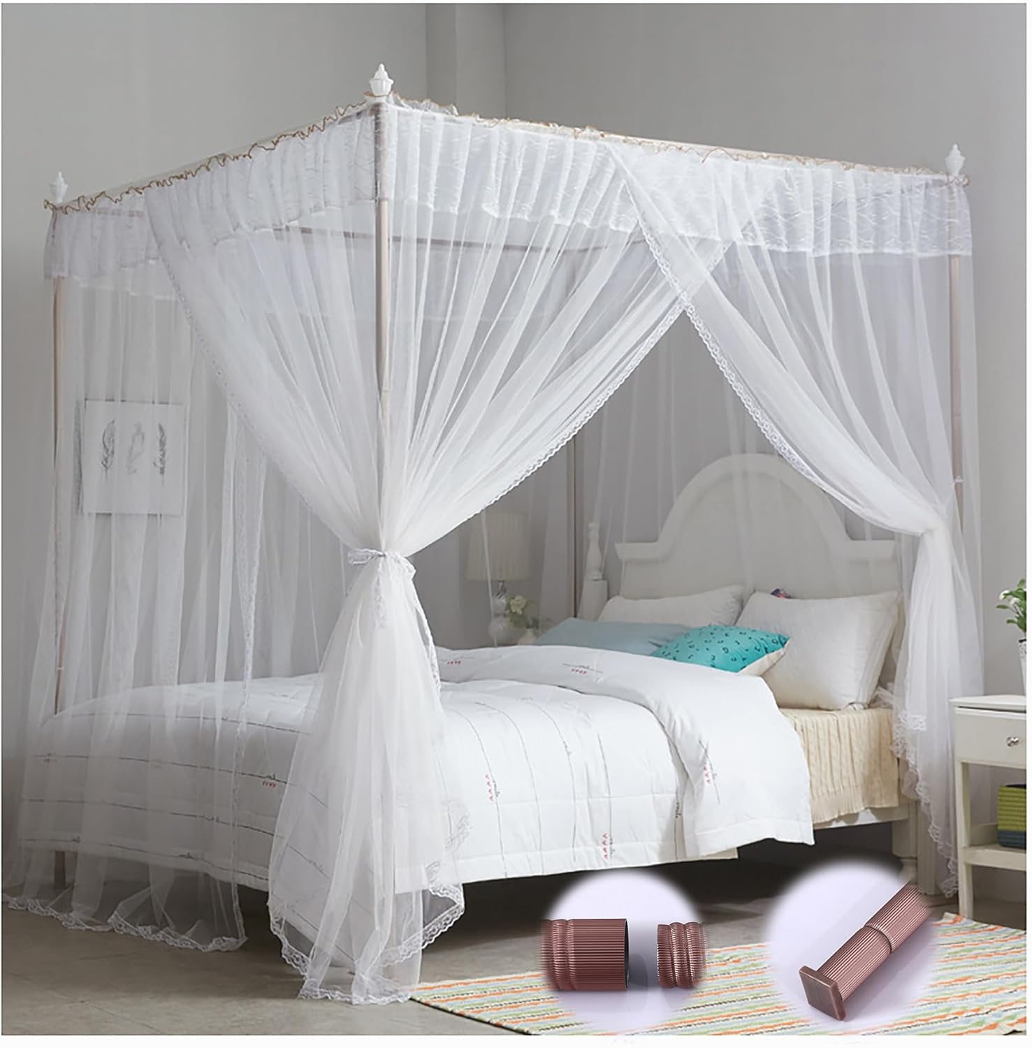 Fabric Bed Drapes Mesh Protection Canopy Shielding Netting, King Size Queen Twin Size Mosquito Net Canopy，Aluminum Alloy Heavy Duty Canopy Bed Frame 4 Corners Canopy Bed Frame Post Poles wit