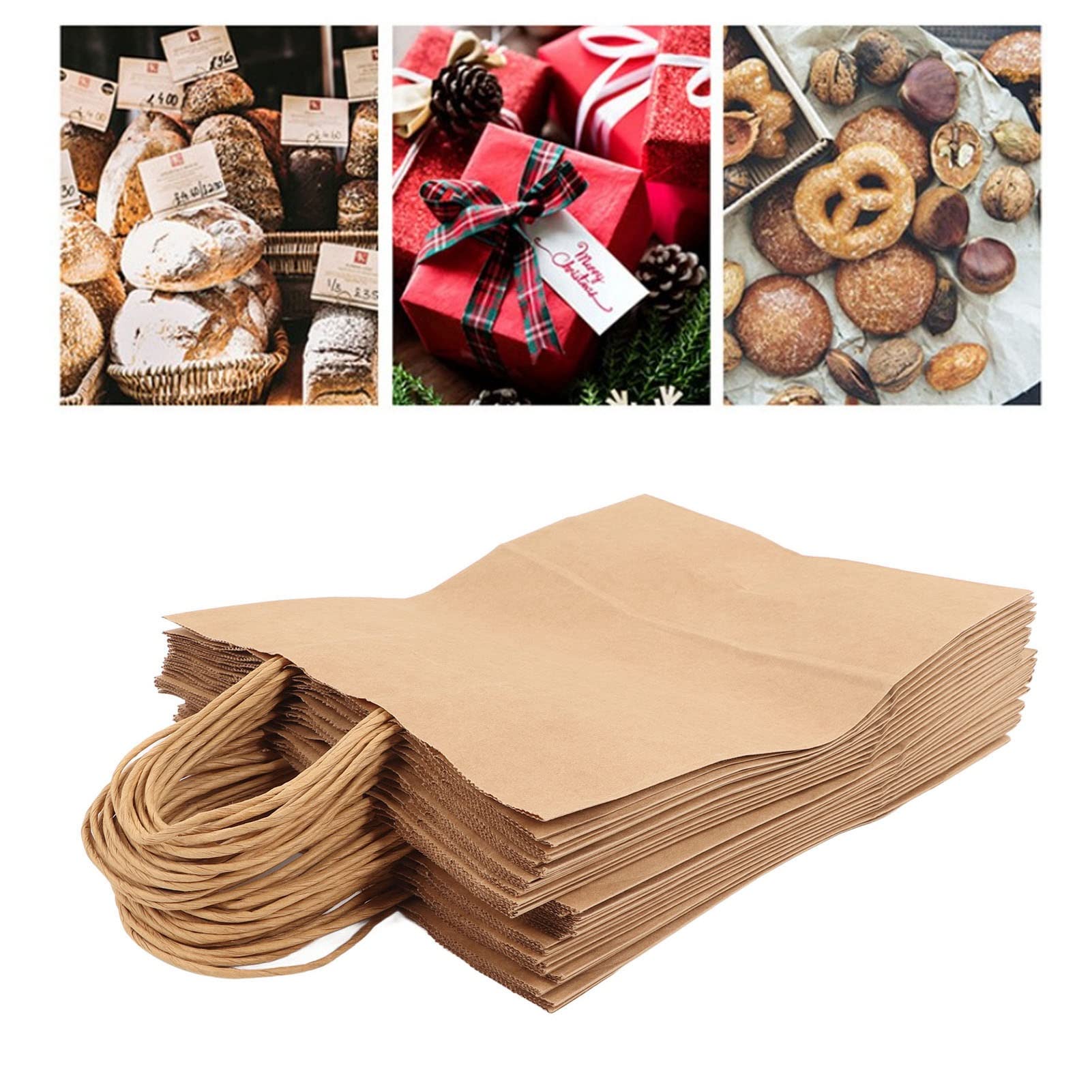 BAFOVY Torba Papierowa Kraft z Uchwytem, ​​50 szt. Torby na Zakupy Kraft Wielokrotnego Użytku do Pakowania żywności, Papierowe Torby na Prezenty o Dużej Pojemności z płaską powierzchnią dla Domowych