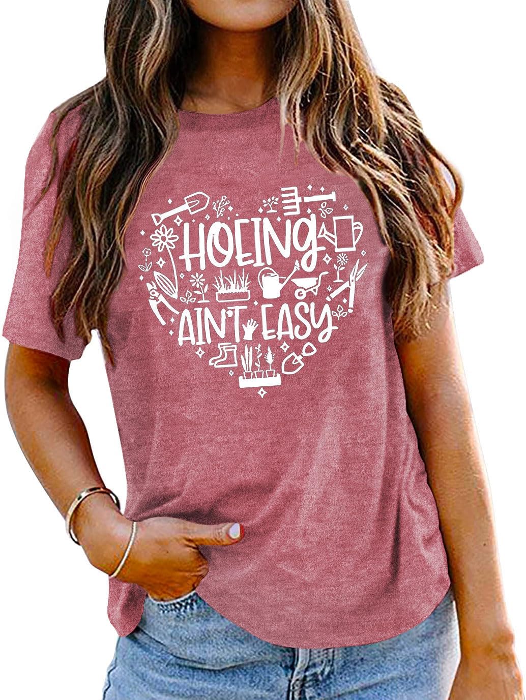 Garden Shirts for Women Hoeing Ain't Easy Graphic Tee Plant Lover T Shirt Gardener Gift Tops Pink XX-Large