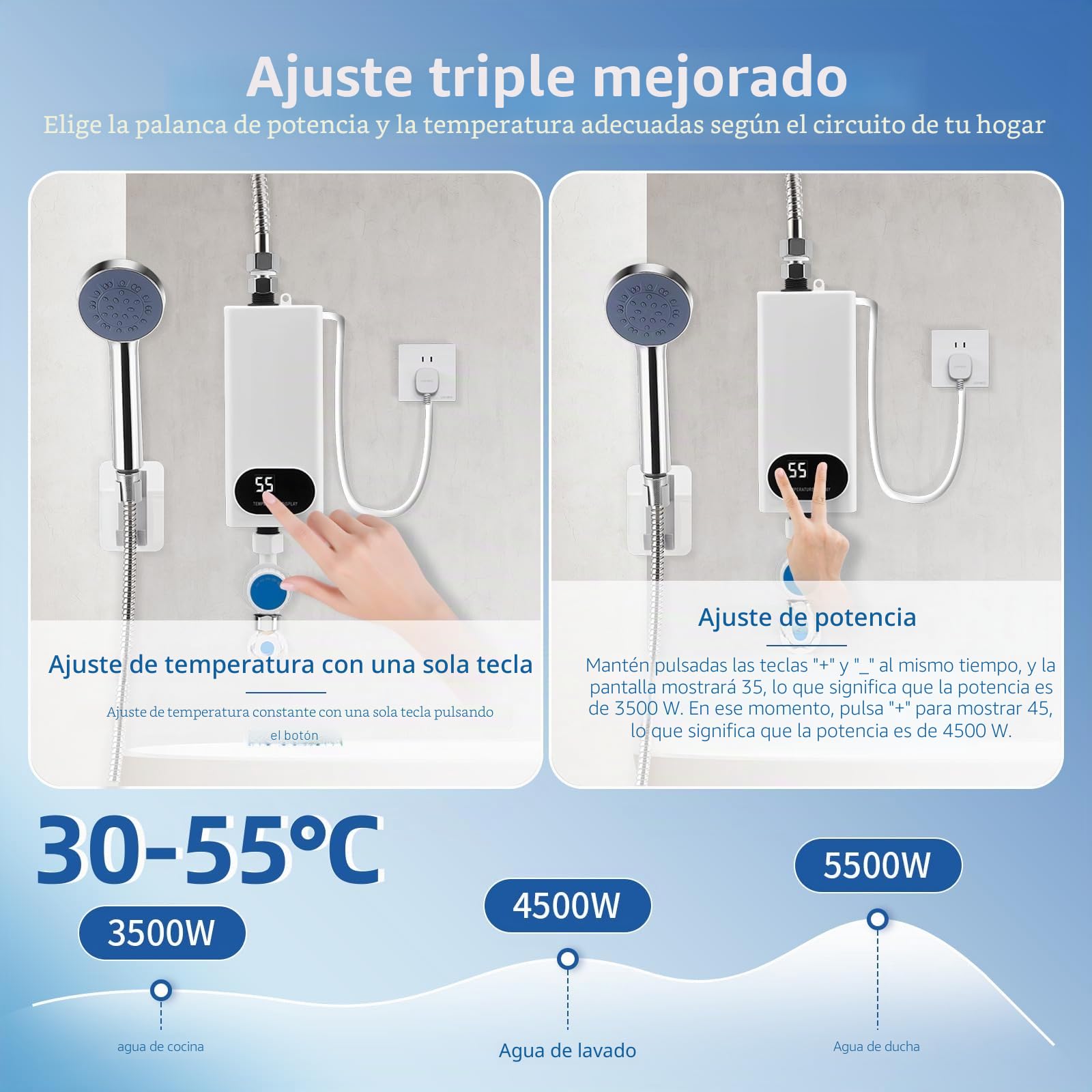 Calentador de agua instantáneo de 5500 W sin almacenamiento con kit de ducha, calentador de agua instantáneo de 220 V con pantalla digital LCD y botones táctiles, apto para ducha, baño, cocina, lavabo