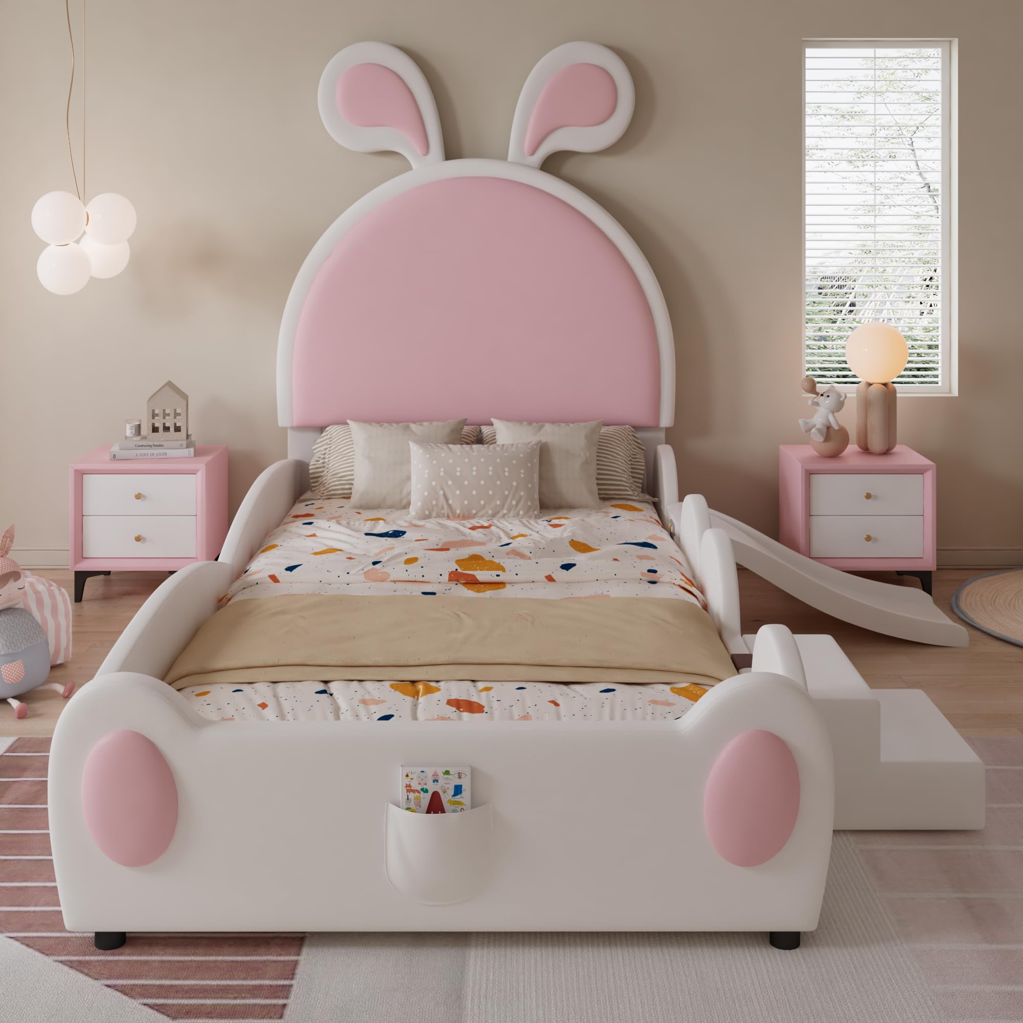 SUKY Letto imbottito 90 x 200 cm, letto singolo con piccola scala e scivolo per bambini, testiera con orecchie di coniglio, lettino con doghe in legno, PU, bianco+rosa