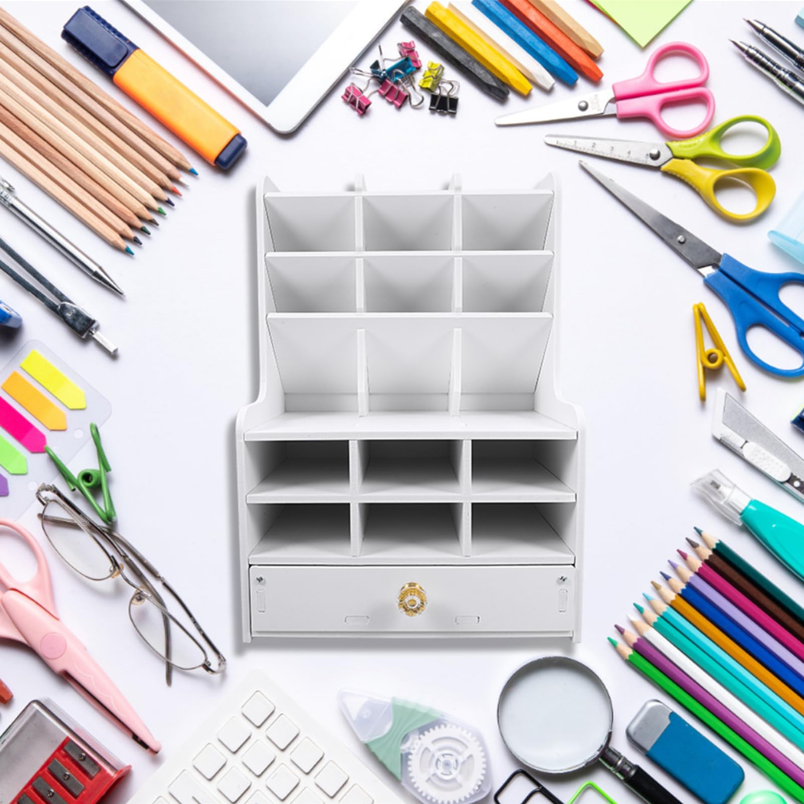 NUOBESTY Porta Penne da Scrivania a Cassetto, Organizer Bianco in Pvc | Scomparti Multipli, Grande Capacità, Struttura Semplice per Scuola e Desktop, Facile da Assemblare