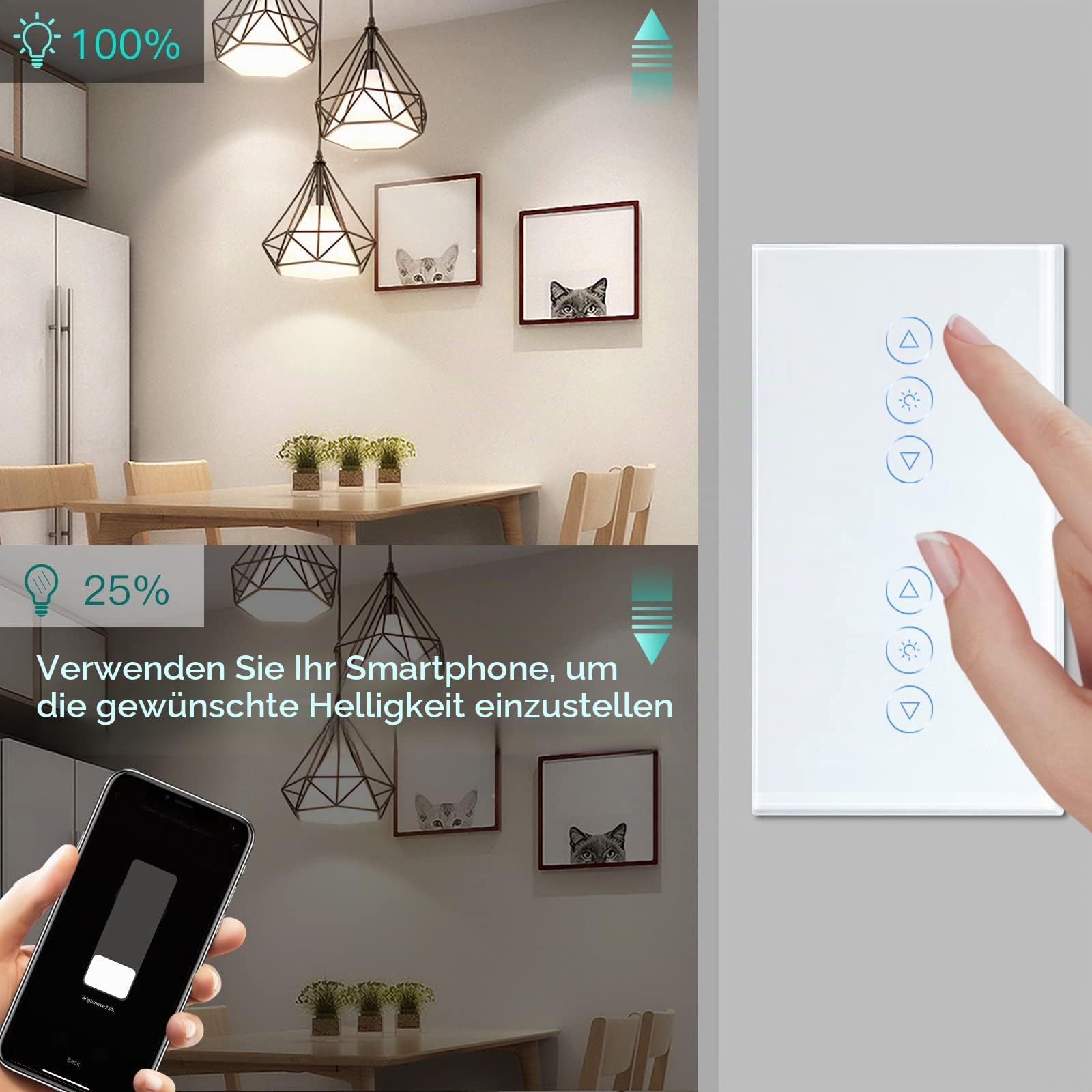 BSEED Zigbee Doppelt Dimmer Schalter Alexa Berührung Wandschalter Glasscheibe Dimmerschalter Alexa/Tuya/Google kompatible Glas(ZigBee Hub Erforderlich) Weiß