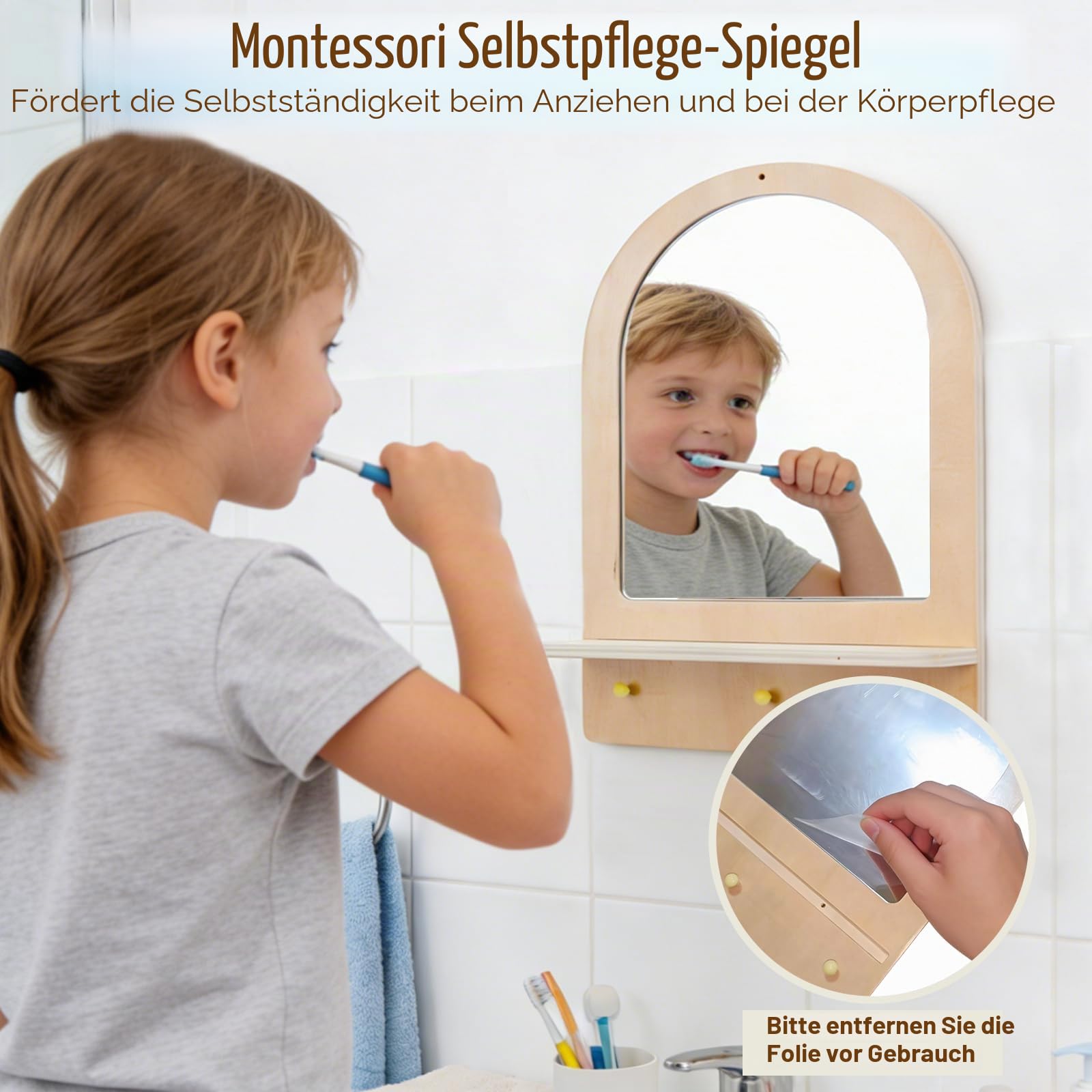 Montessori Spiegel aus Holz und Acryl für Kleinkinder, Wandmontage, Spiegel mit Haken & Regal, bruchsicher, Naturholz, einfache Montage, Möbel für Eingangsbereich, Kinderzimmer, Wohnzimmer, Flur