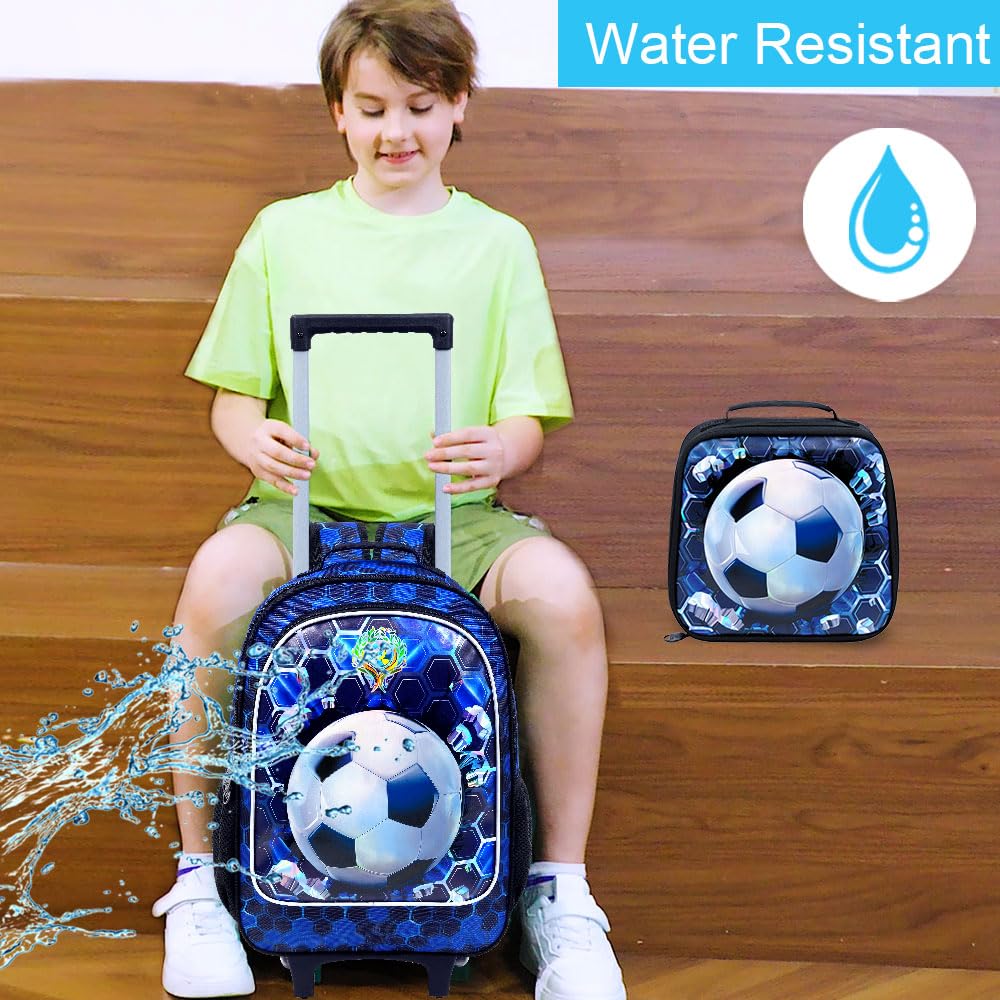 3PCS Rolling Backpack for Boys, Soccer Roller School Bookbag with Lunch Bag, Water Resistant Football Wheeled Backpacks for Teens Boys Elementary Trave
