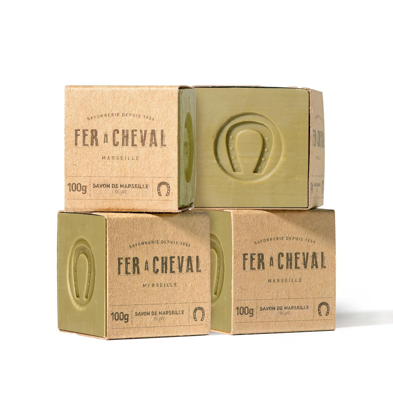 Fer à Cheval Pure Olive Authentic Savon De Marseille Soap Bar - 100% Natural, Hypoallergenic, Pack of 4 - Crafted in Cauldrons with French Olive Oil - Palm Oil Free & Eco-Friendly, 100g/3.53oz
