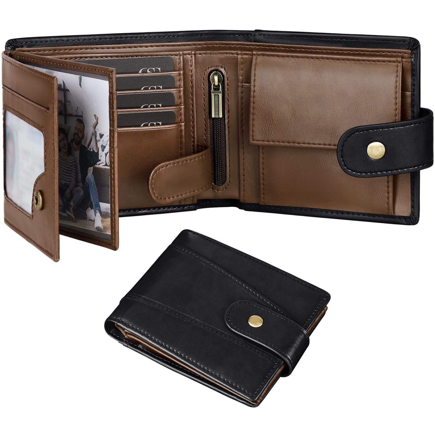 GSG SINCE 1998 Billeteras de cuero vacuno multifuncional con bloqueo RFID con 17 ranuras para tarjetas de crédito, 2 compartimentos para billetes, 2 ventanas de identificación, 1 bolsillo para monedas