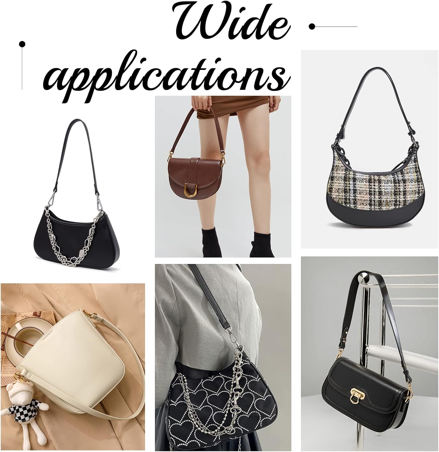 WADORN Cowhide Leather Bag Handles, 25 Inch Black Leather Purse Strap Replacement Short Handbags Handles Shoulder Bag Strap Detachable Clutches Handle with Silver Buckle for Wallet Crochet Pochette - Image 4