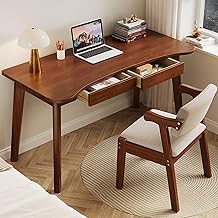 Computer Desk Solid Wood Desk Easy to Clean Office Desk Modern Minimalist Bedroom Student Writing Desk Home Curved Desktop with Drawer,Walnut120X60X75Cm