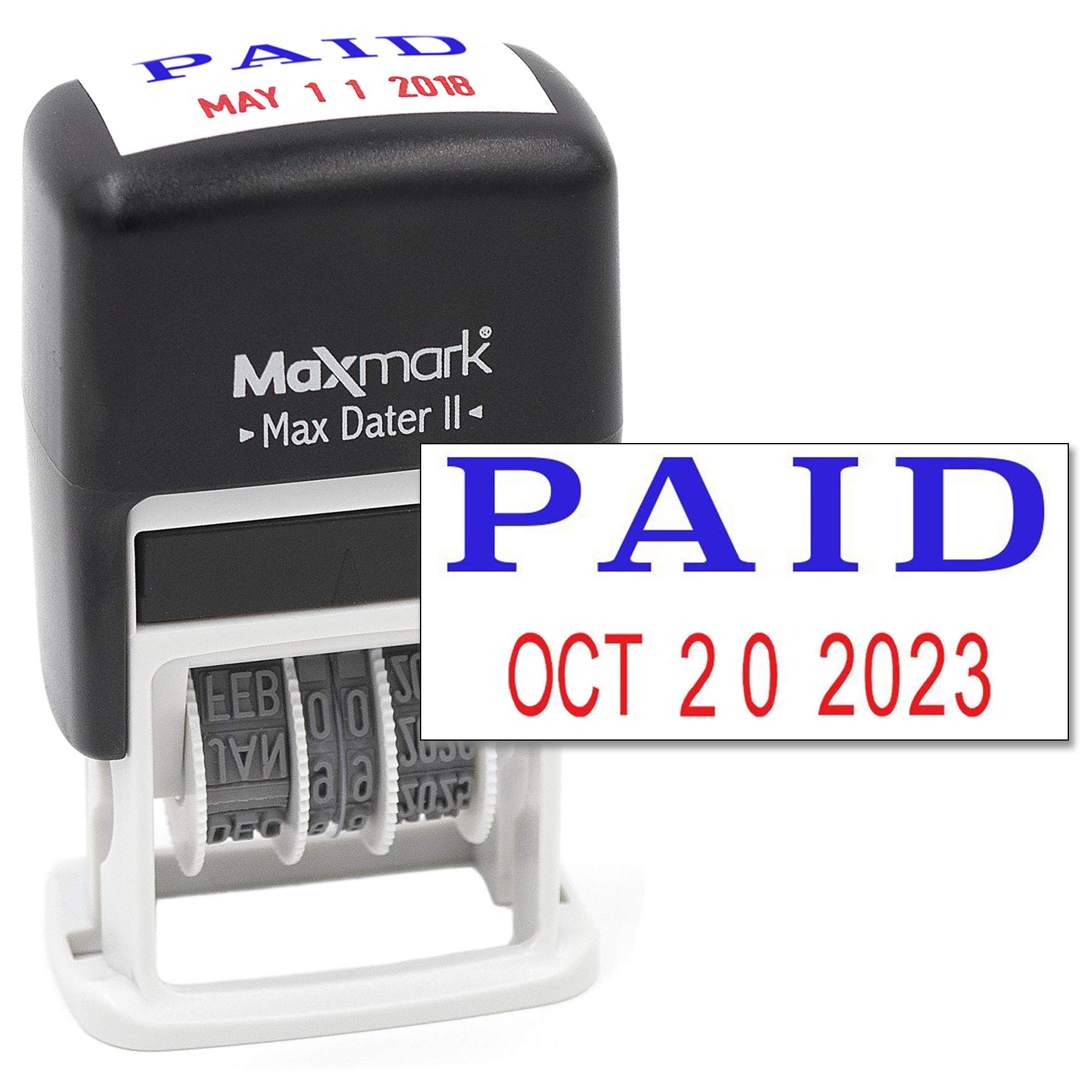 MaxMarkMax Dater Self-Inking Phrase Date Stamp - Blue/Red Ink PAID Black