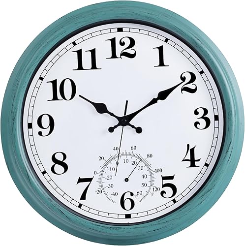QWARVEL Reloj grande de 16 pulgadas para exteriores, reloj retro impermeable para interiores y exteriores, reloj sin tictac con termómetro, reloj de