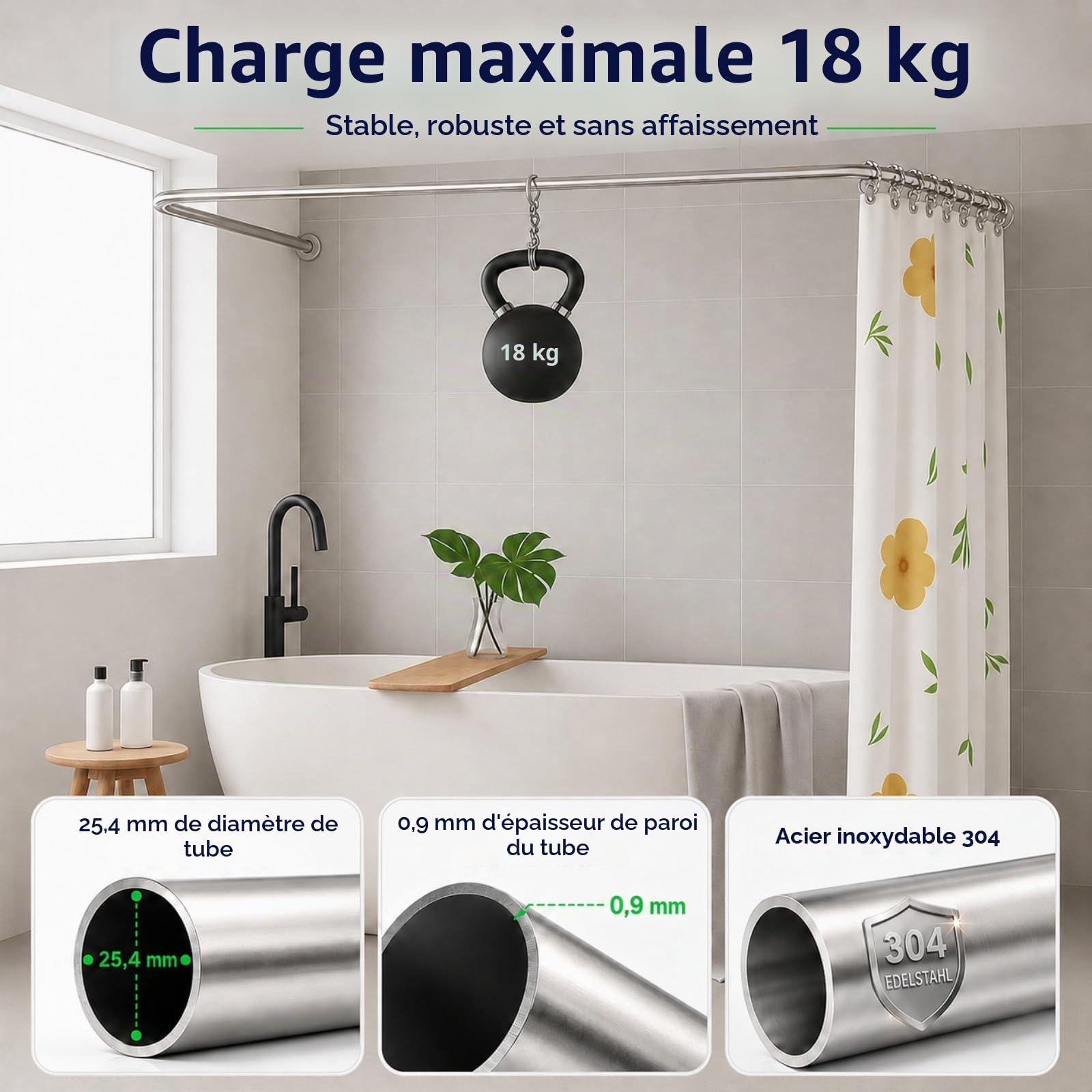 Barre de douche rétractable de type U/L, barre d'angle en acier inoxydable 304, antirouille et durable, avec 12 anneaux de rideau de douche, dimensions : 75 x (150-190) x 75 cm