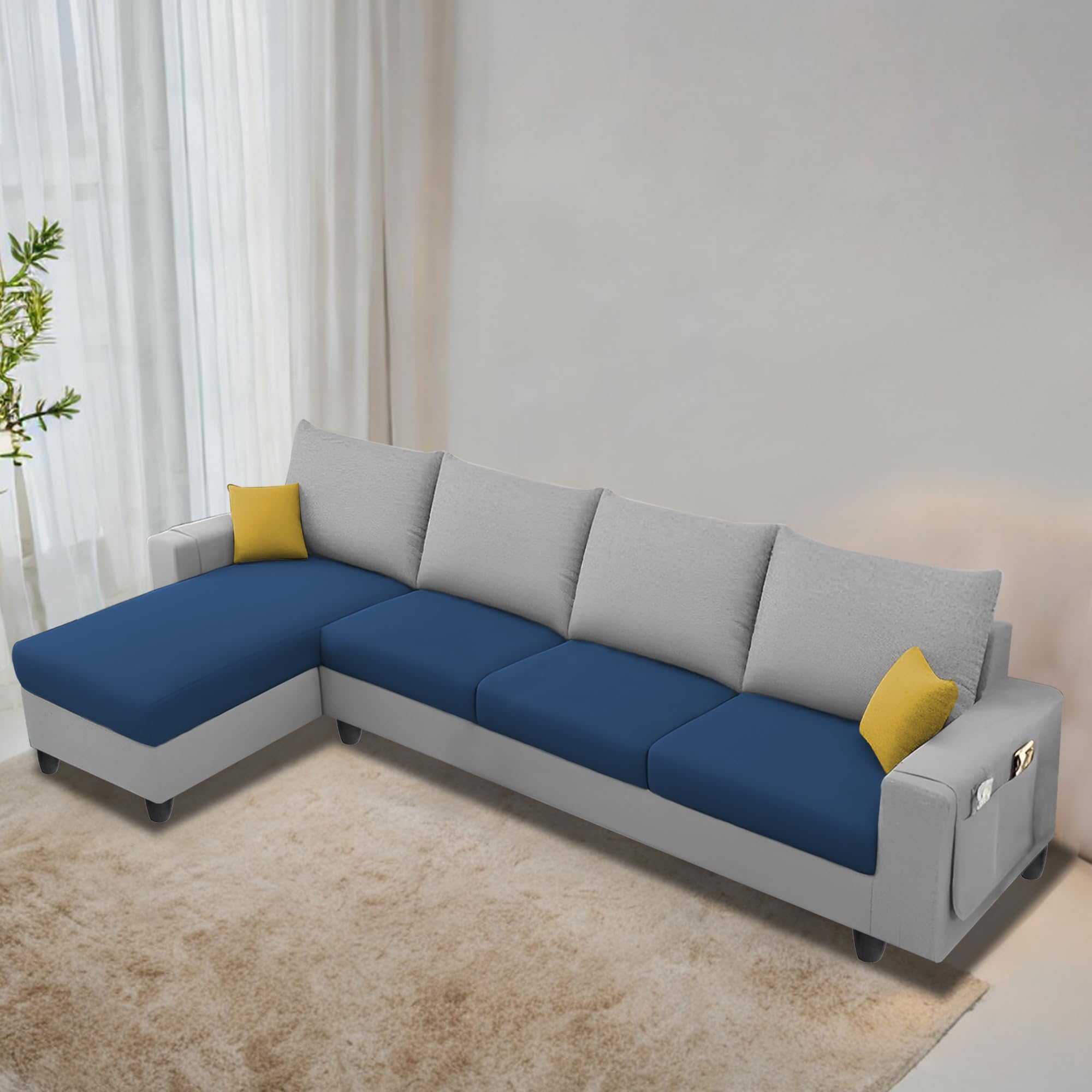 Casaliving Porto LHS 6 Seater L Shape Sofa Set for Living Room (Blue Grey Fabric) Premium Velvet Fabric Sofa Set