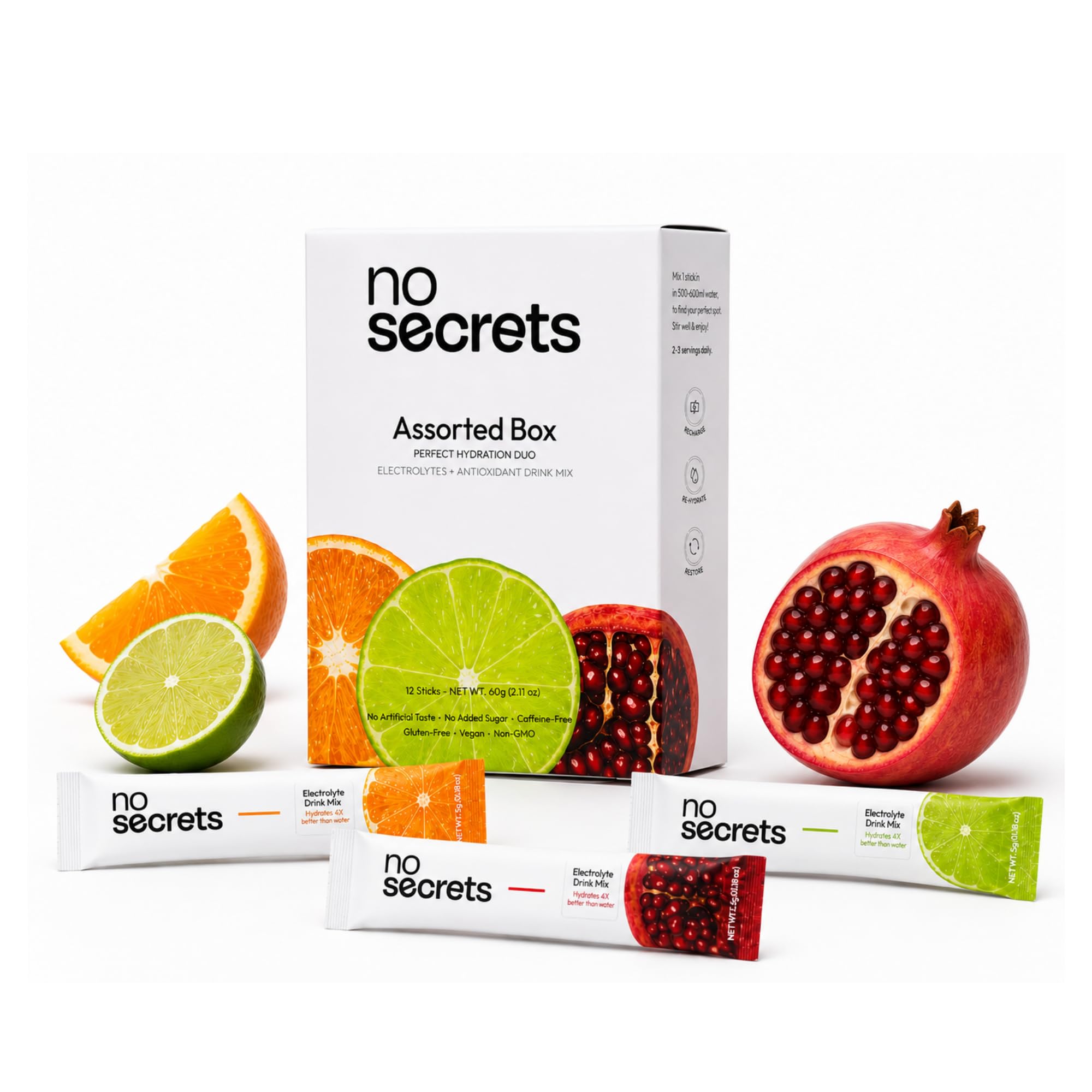No Secrets Perfect Hydration Duo Electrolytes & Antioxidants | Assorted Flavours Variety Pack | Instant Hydration Drink Mix | 12 Sticks|Pack of -1-image-45