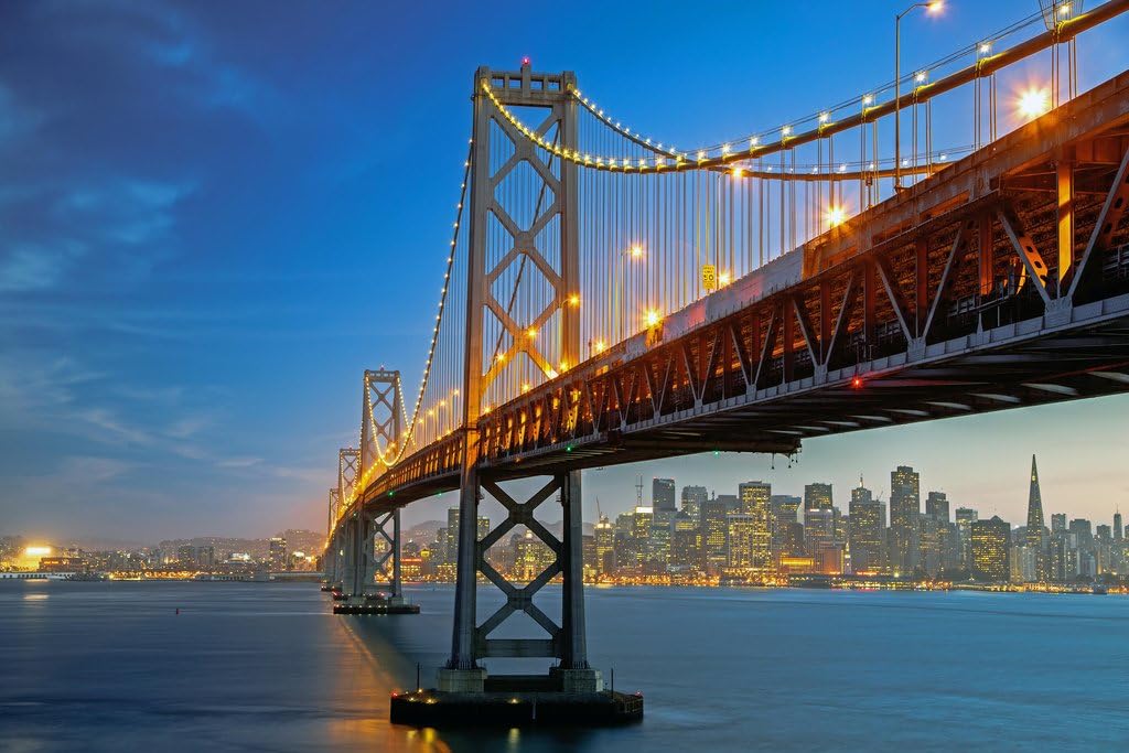 San Francisco Oakland California Bay Bridge Illuminated at Dusk Photo Photograph Cool Wall Art Print Poster 36x24