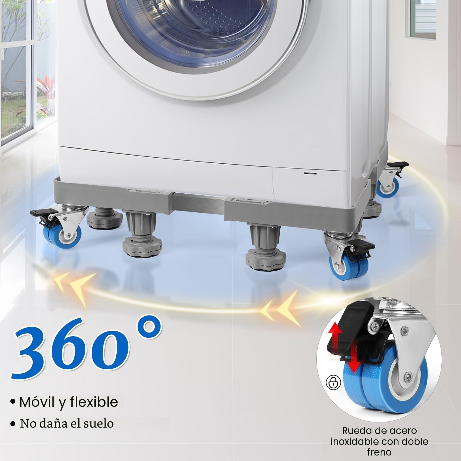 Base Lavadora Con 8 Patas Y 4 Ruedas, Soporte Lavadora Secadora | Antideslizante Y Amortiguadora, Tama O Ajustable(42-66 cm), Plataforma Con Ruedas Capacidad (Carga de 300 kg)