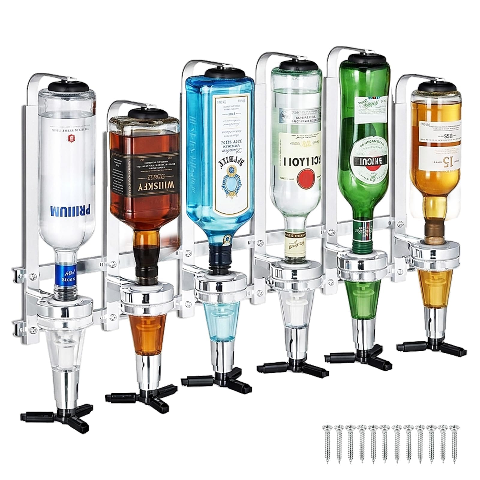 6-Fach Wandmontierter Schnapsspender 30 ml, Aluminiumlegierung Bar Butler Flaschenhalter, Höhenverstellbarer Getränkespender für 6 Spirituosen, Perfekt für Hausbar