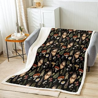 Bonita Manta de Sherpa de Hongos para niños, diseño de Hojas botánicas, Manta de Forro Polar para niños y niñas, Manta de Felpa de Microfibra, temática Natural, Color Negro y marrón, Manta mullida pa