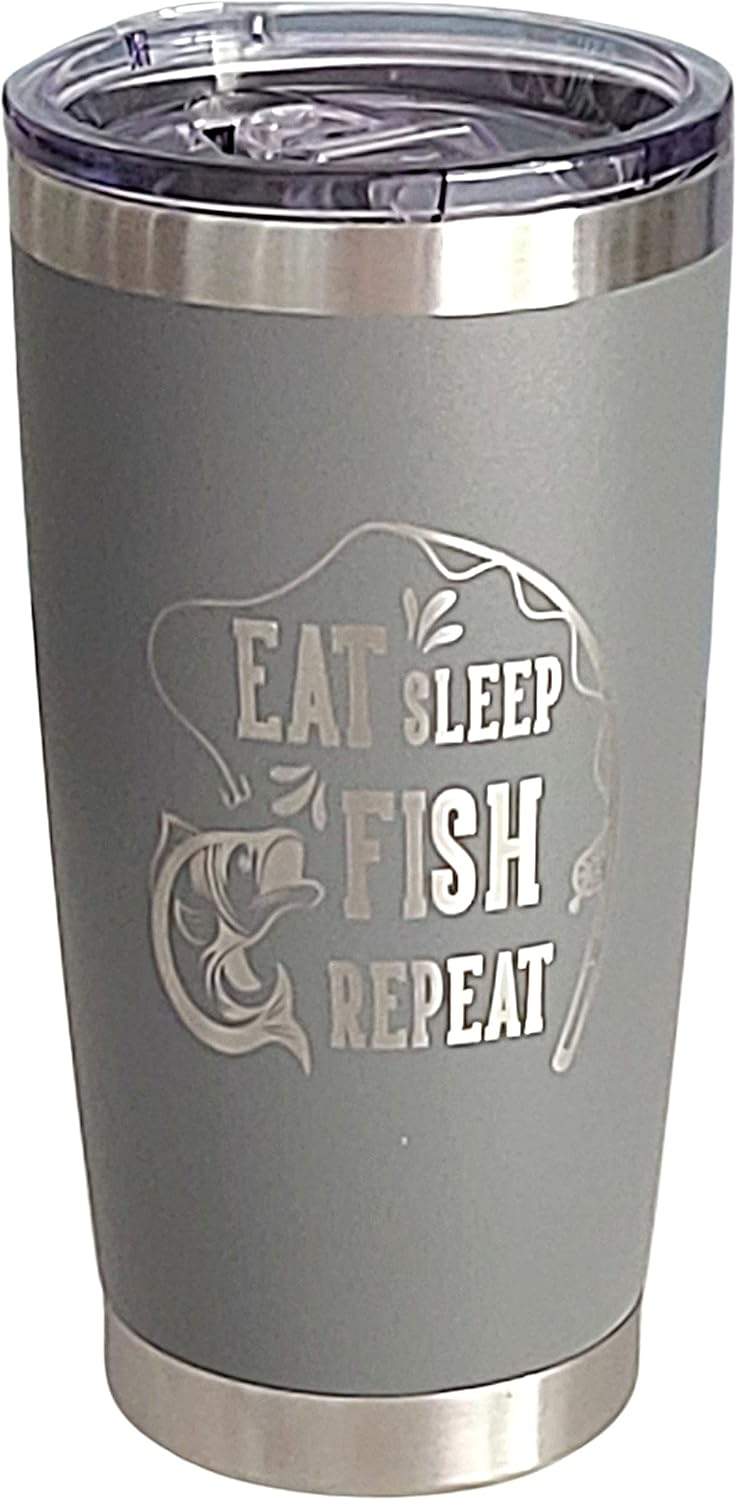 Eat Sleep Fish 20oz Stainless Steel Tumbler with Lid (Grey), Fishing Travel Mugs for Men, for Him - Image 4