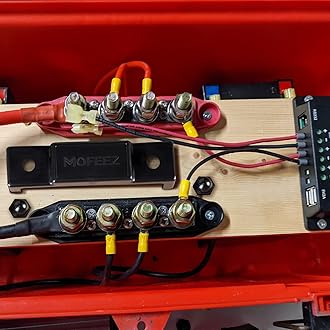 MOFEEZ Power Distribution Block Bus Bar, 4 x 5/16" Posts, 6 x #8 Screws Terminals, Max 48V 250A (Pair, Red & Black)