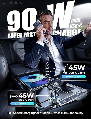 Miniatura 8 de LISEN Cargador de coche USB C de 90 W para iPhone 17 16 15 Pro Max, carga rápida, súper rápida para iPhone 15, 16, 17 Pro, adaptador tipo C para