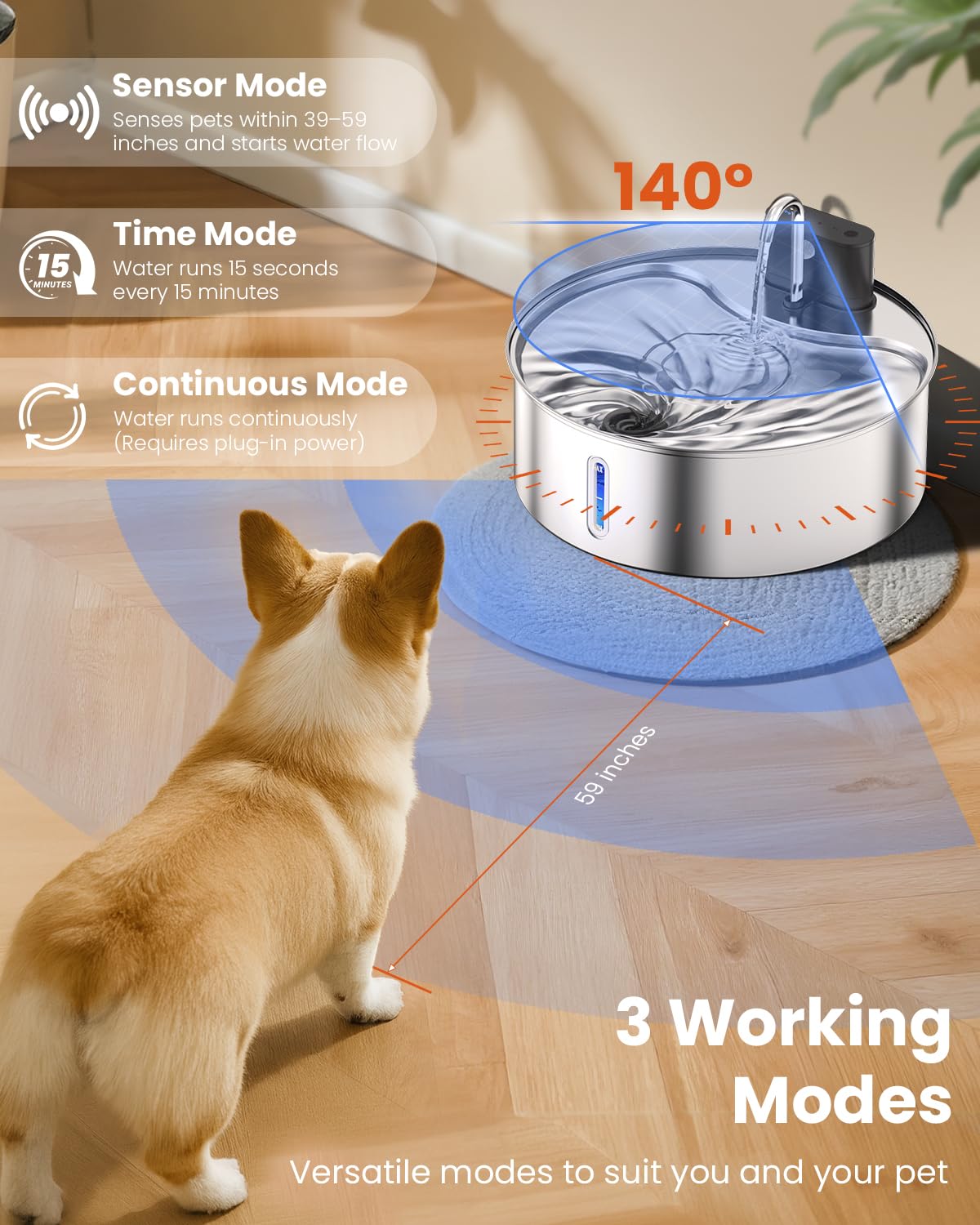 Fontana d'acqua wireless per cani, in acciaio inox, con sensore, 12 l, erogatore automatico senza fili, pompa silenziosa, senza BPA, per bere, facile da pulire per gatti, cani e animali domestici