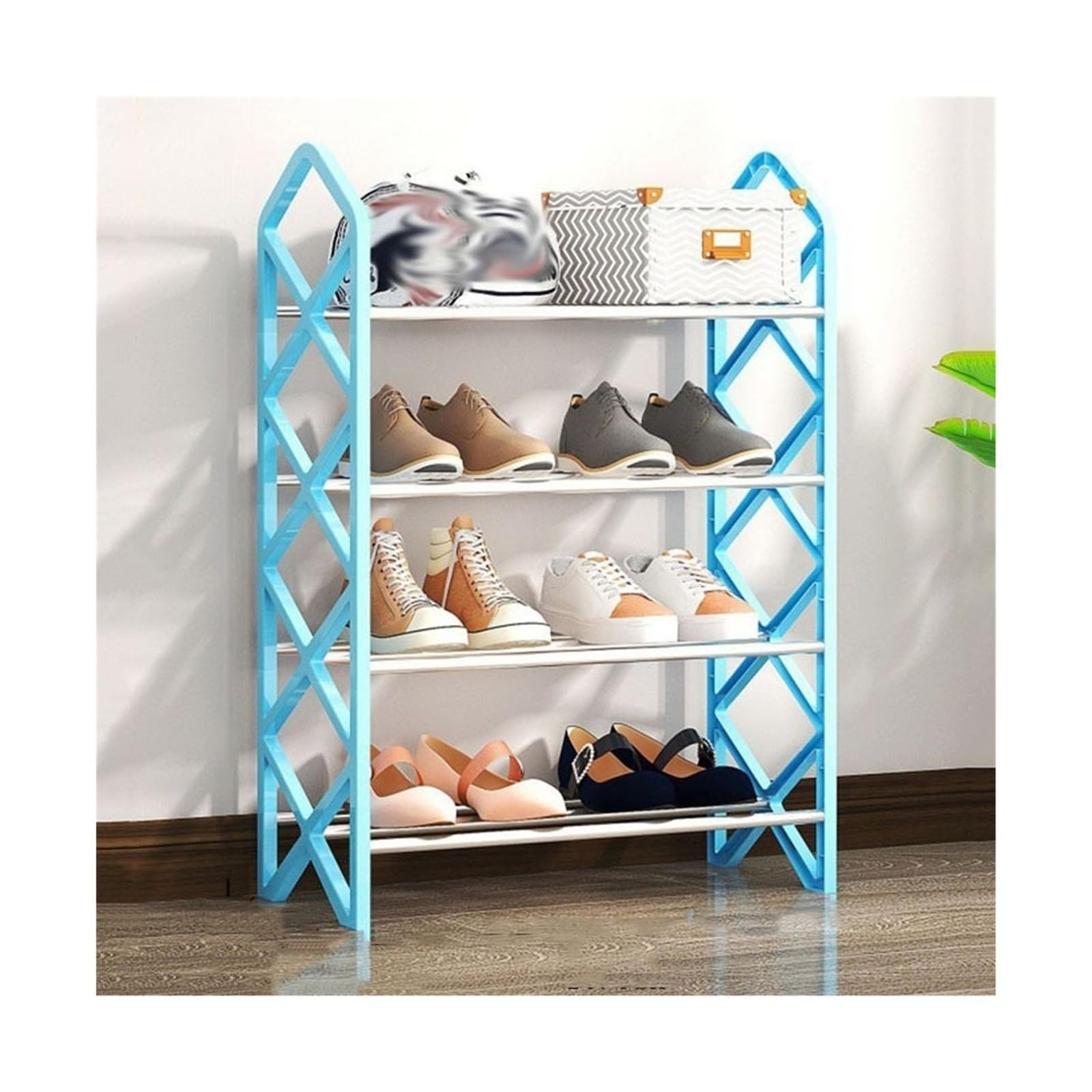 Étagère à chaussures 4 niveaux en acier bleu pour entrée compacte