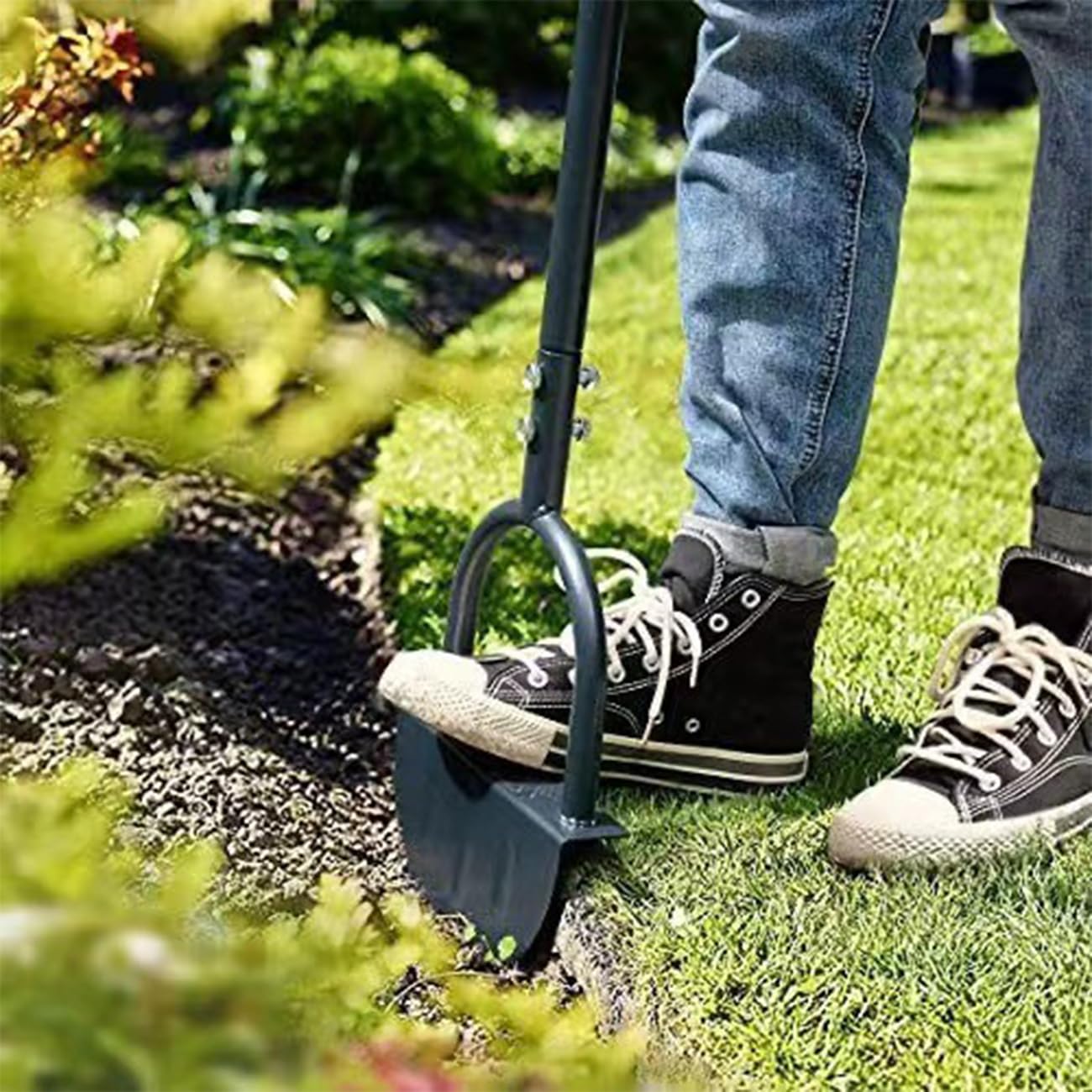 Herramienta de bordes de césped de 96,5 cm, con dientes de sierra, agarre en T, cortadora de césped de media luna, cuchillo de borde de mango largo para bordes de césped